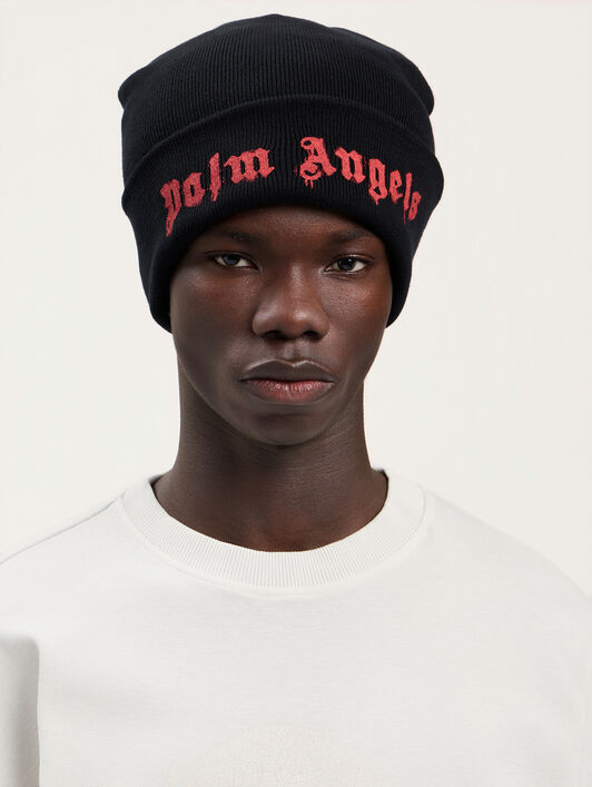 PALM ANGELS Dripping Logo Beanie BLACK RED PMLC022S26KNI002