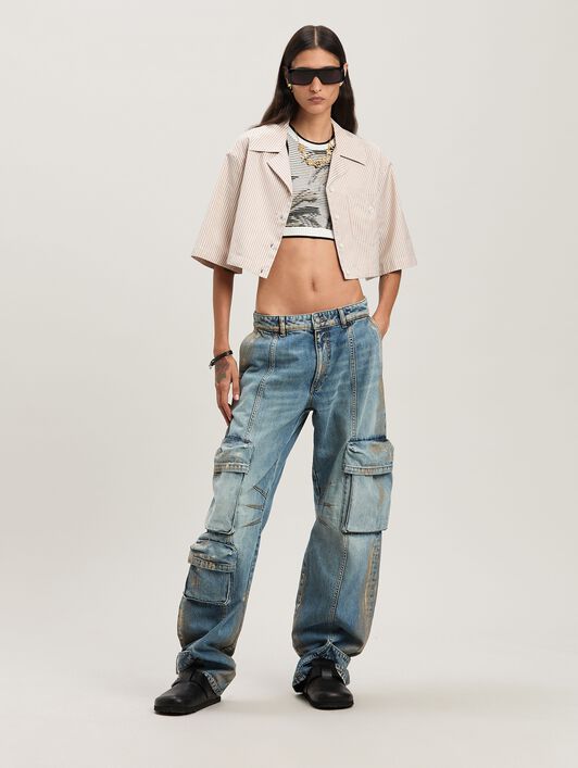 PALM ANGELS  Curved Logo cropped shirt CAMEL - OFF WHITE PWGG008S25FAB001