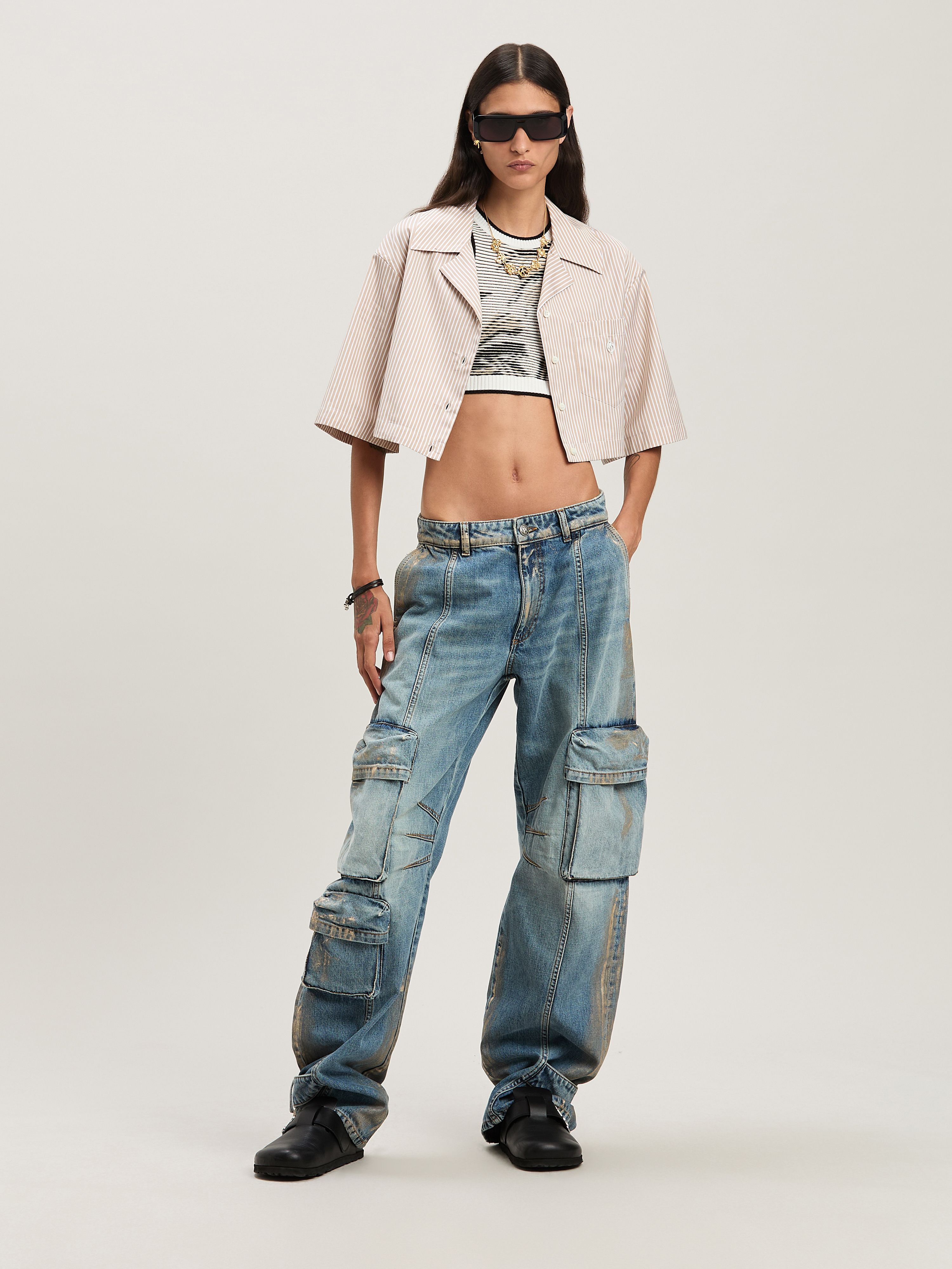 PALM ANGELS  Curved Logo cropped shirt CAMEL - OFF WHITE PWGG008S25FAB001
