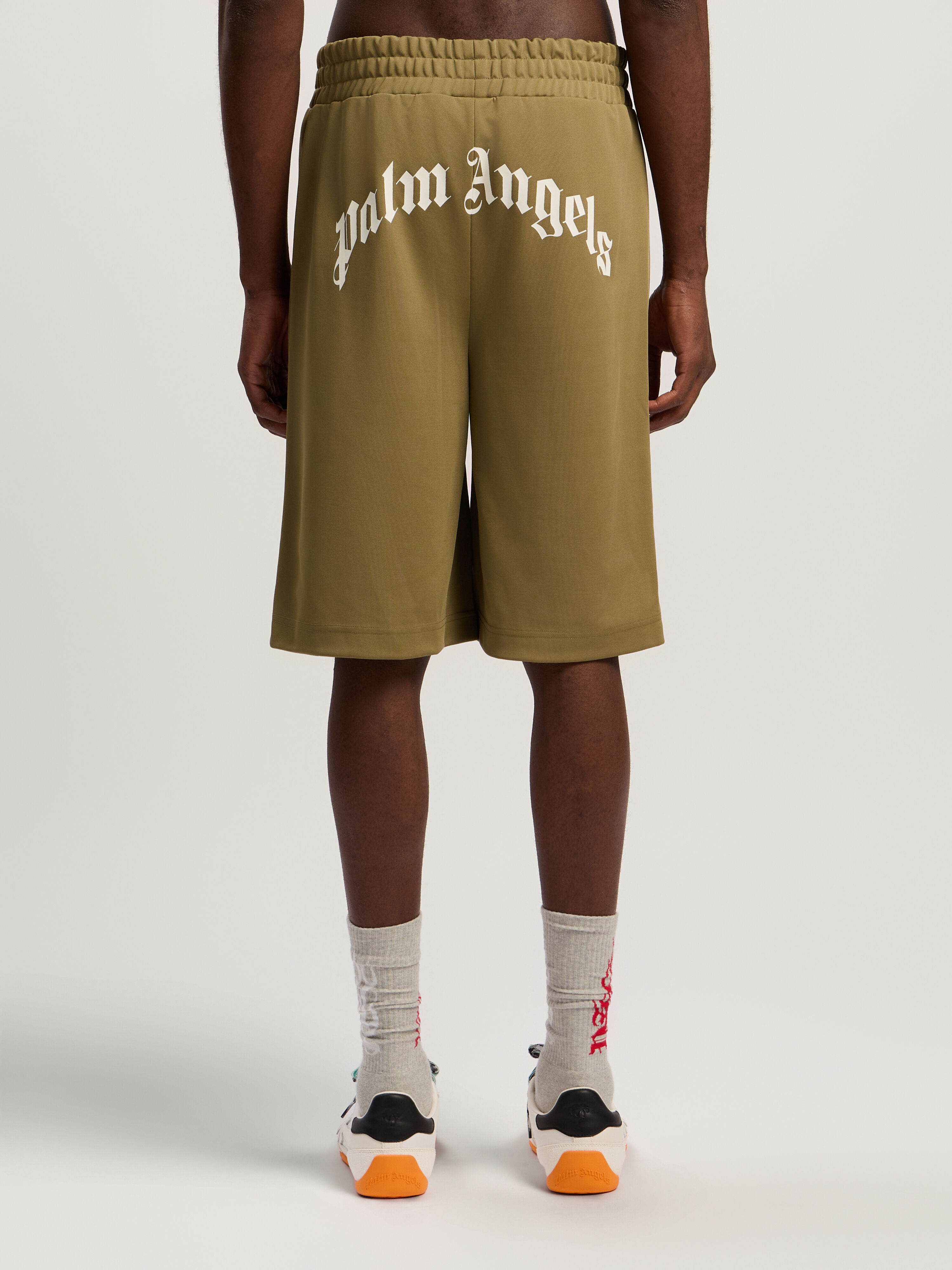 PALM ANGELS Back Curved Logo Track Shorts ARMY GREEN - OFF WHITE PMCL00AF25FAB001