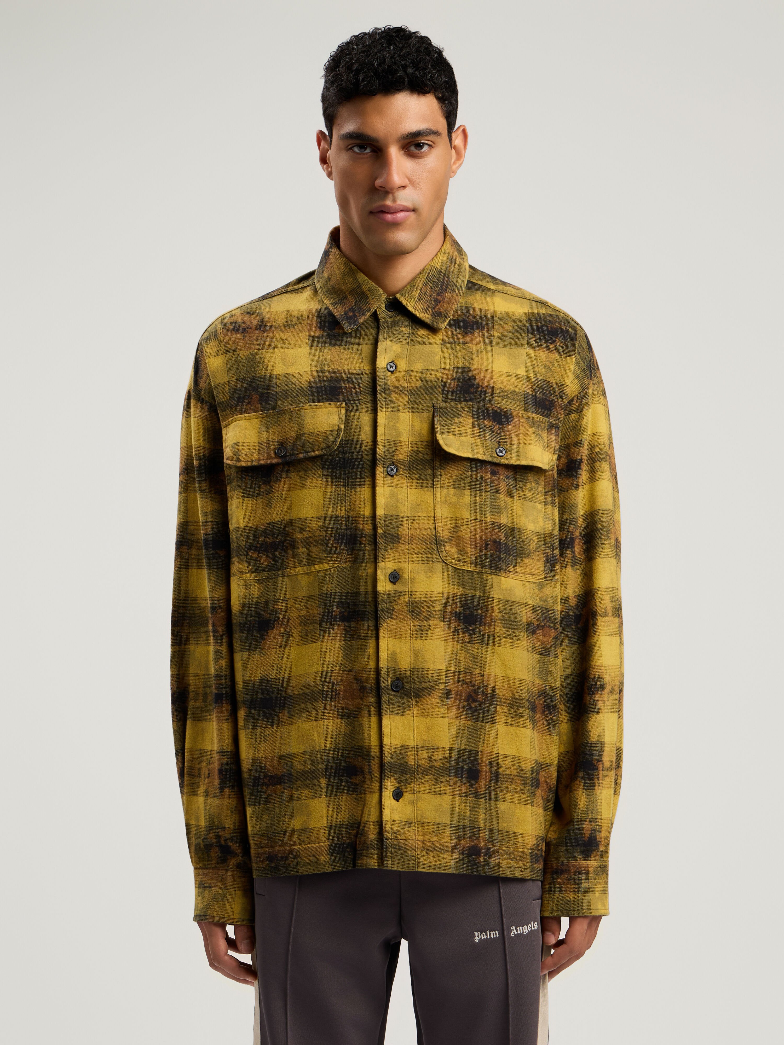 Curved Logo Check Shirt in ARMY GREEN - BLACK for Men | Palm Angels®