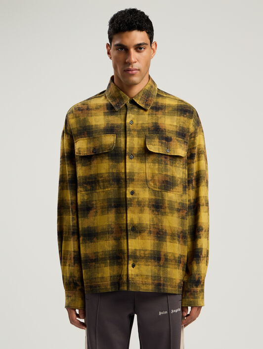 PALM ANGELS Curved Logo Check Shirt L/S ARMY GREEN - BLACK PMGE043F25FAB002