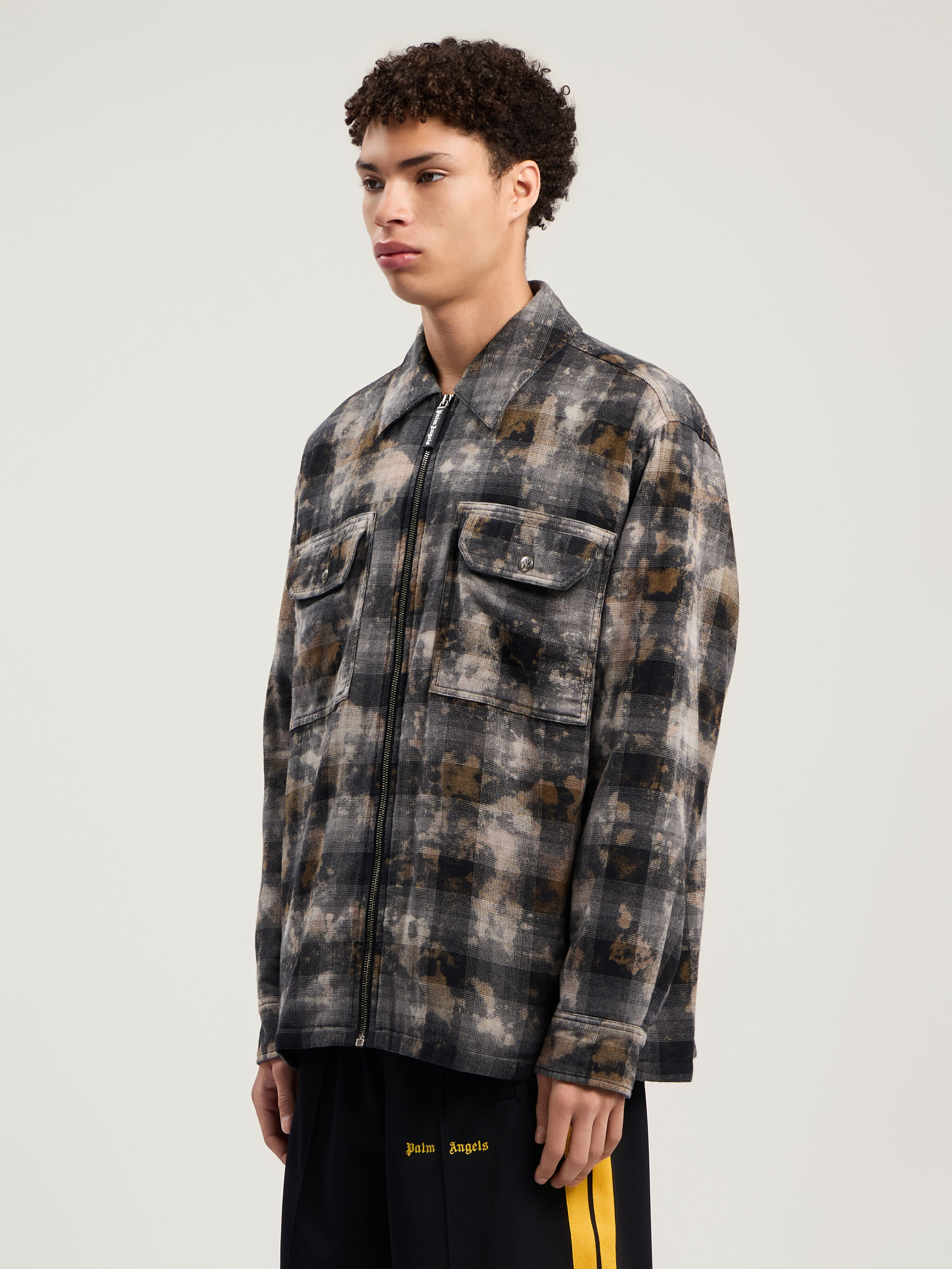 PALM ANGELS Curved Logo Check Overshirt GREY - OFF WHITE PMES049F25FAB001