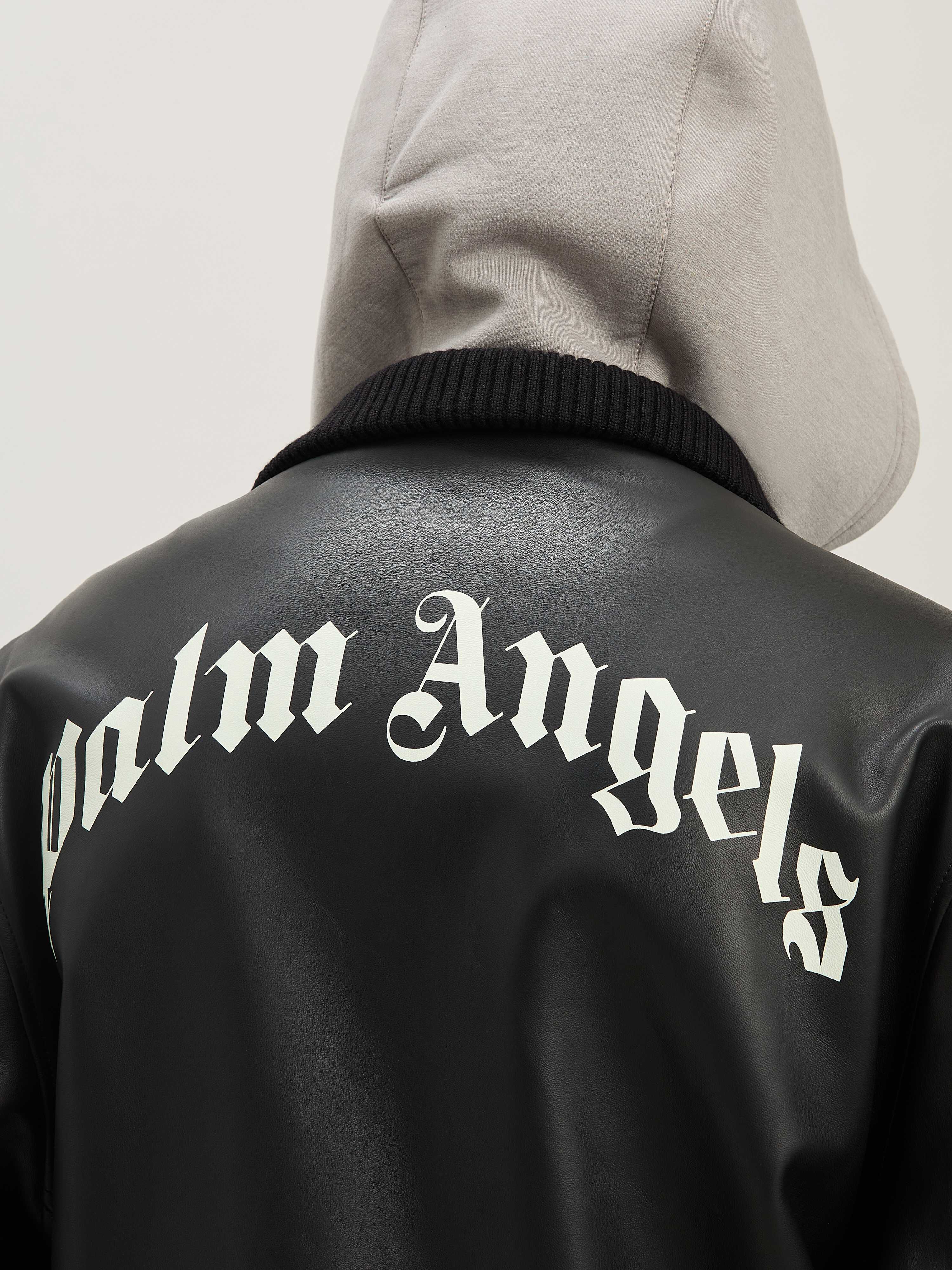 PALM ANGELS  Leder-Bomberjacke mit geschwungenem Logo BLACK - OFF WHITE PMJA043S25LEA001