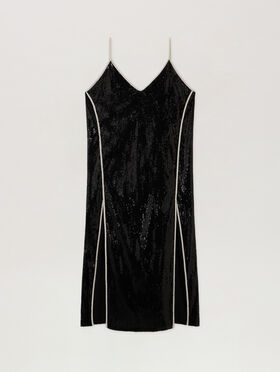 PALM ANGELS Curved Logo Sequin Slip Dress BLACK - OFF WHITE PWDJ009F25FAB001