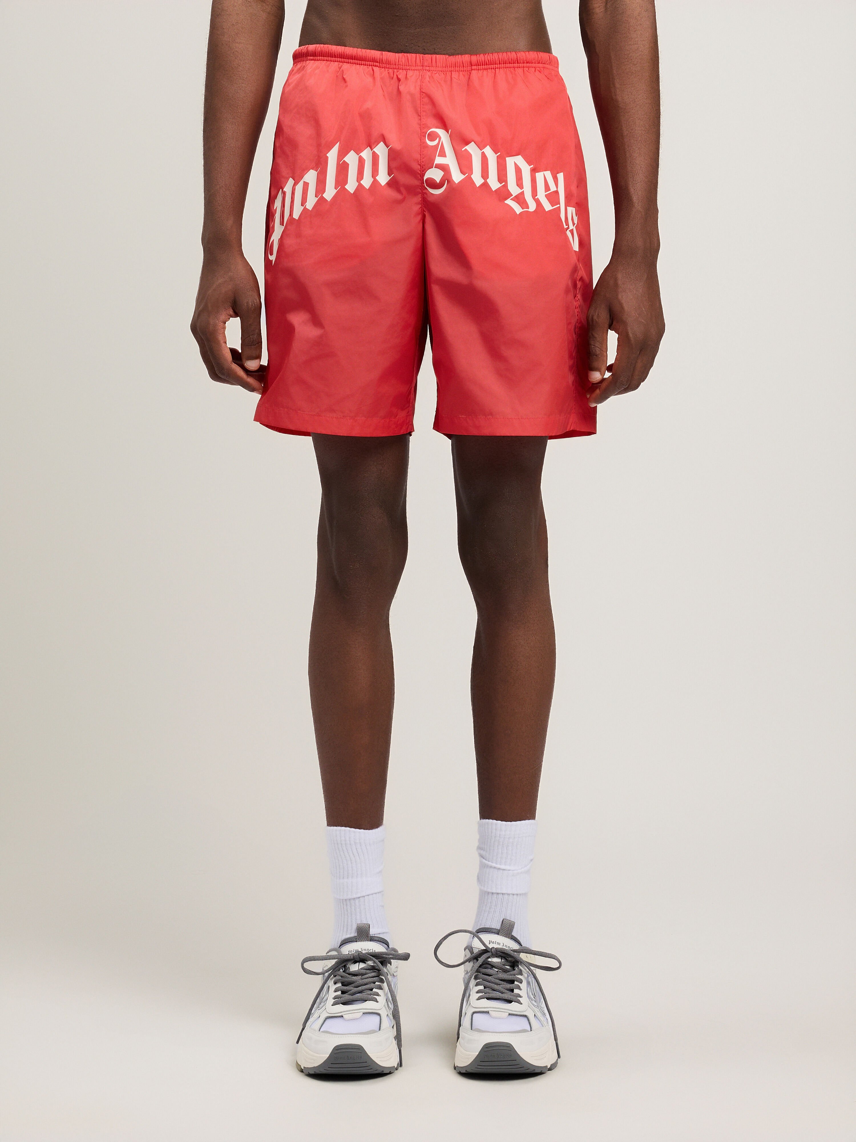 Curved Logo Swimshorts in RED OFF WHITE for Men | Palm Angels®