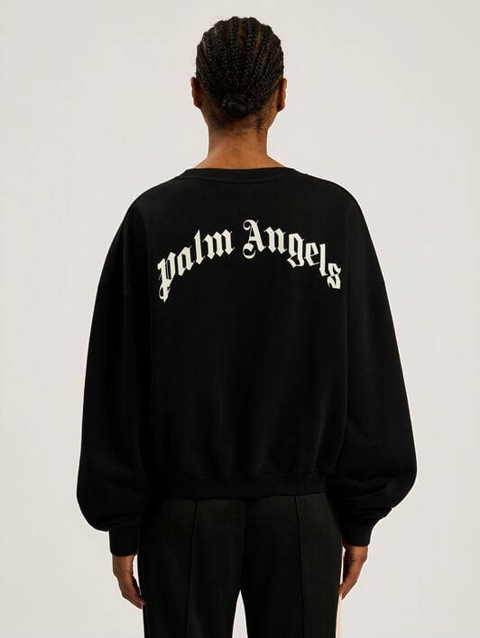 PALM ANGELS Curved Logo Loose Crewneck Sweatshirt BLACK - CREAM PAWBA03F26FL01