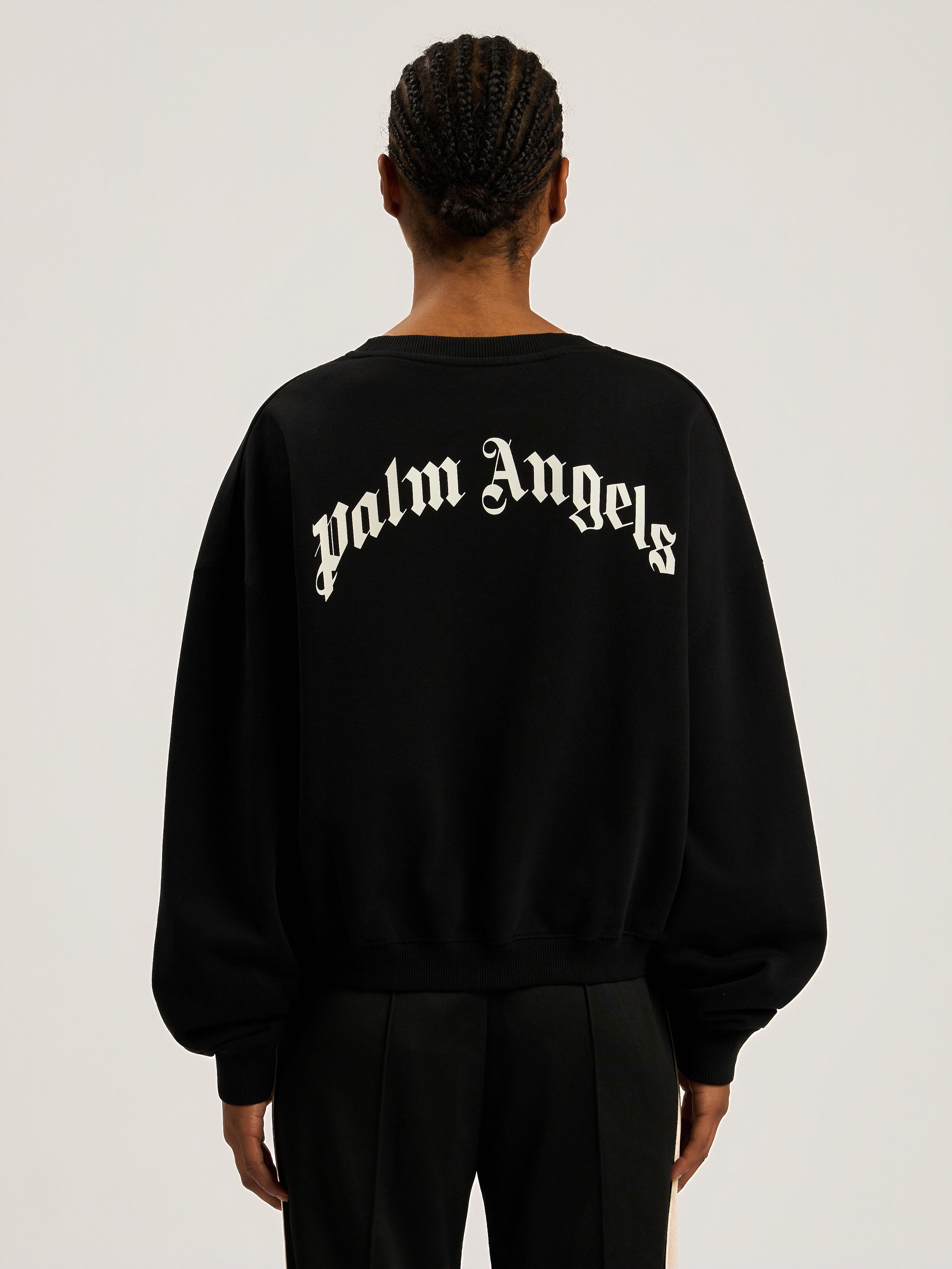PALM ANGELS Curved Logo Loose Crewneck Sweatshirt BLACK - CREAM PAWBA03F26FL01