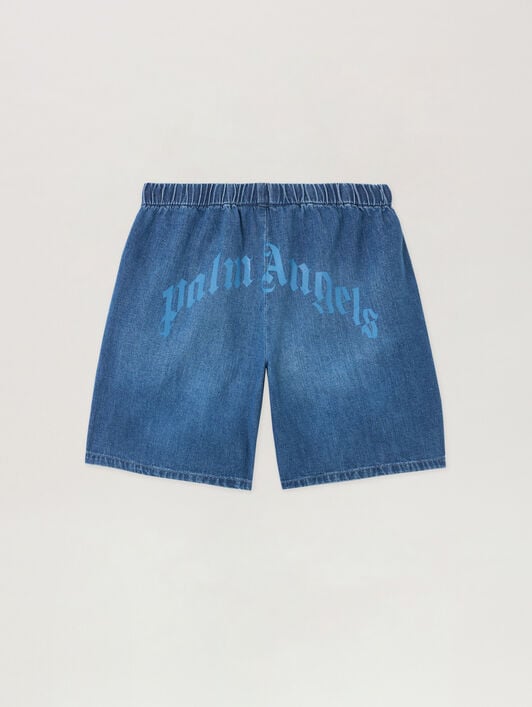 PALM ANGELS Curved Logo Chambray Shorts CELESTE/LIGHT BLUE PBYC002S26DEN001