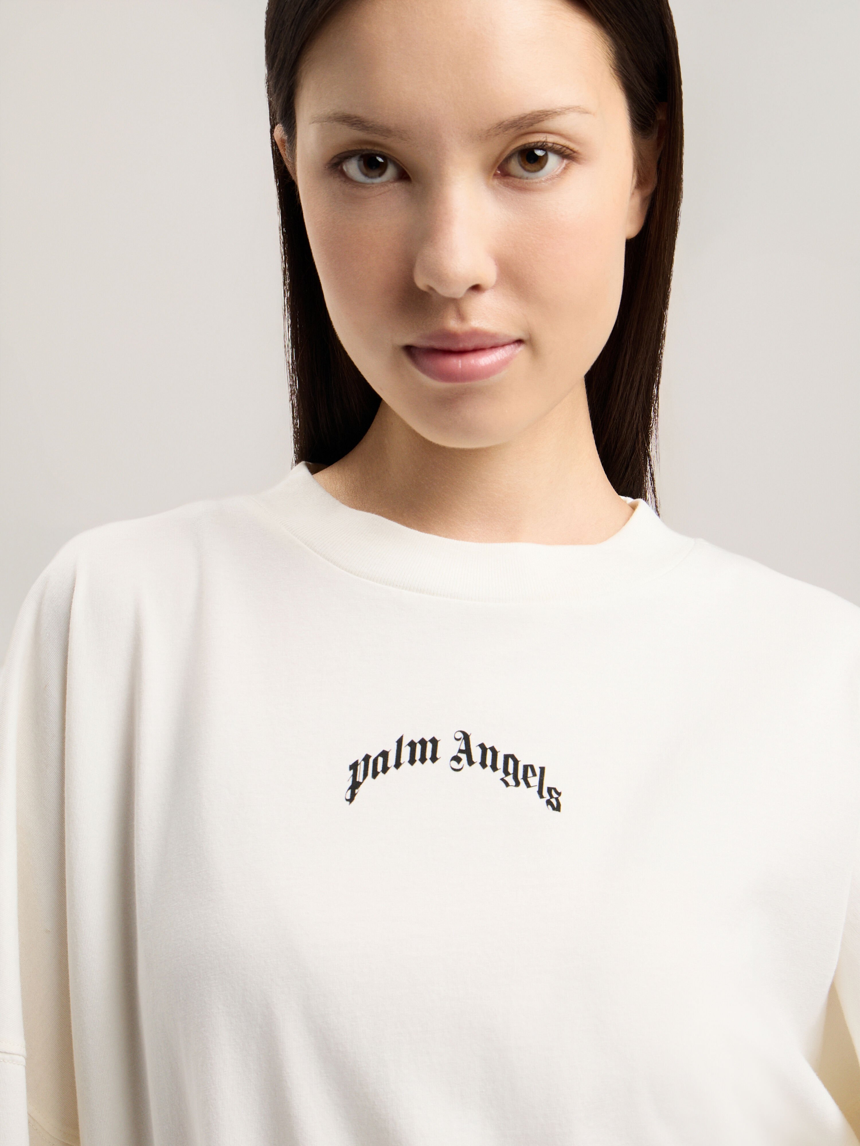 PALM ANGELS Curved Logo Over T-Shirt OFF WHITE BLACK PWAA07CS26JER002