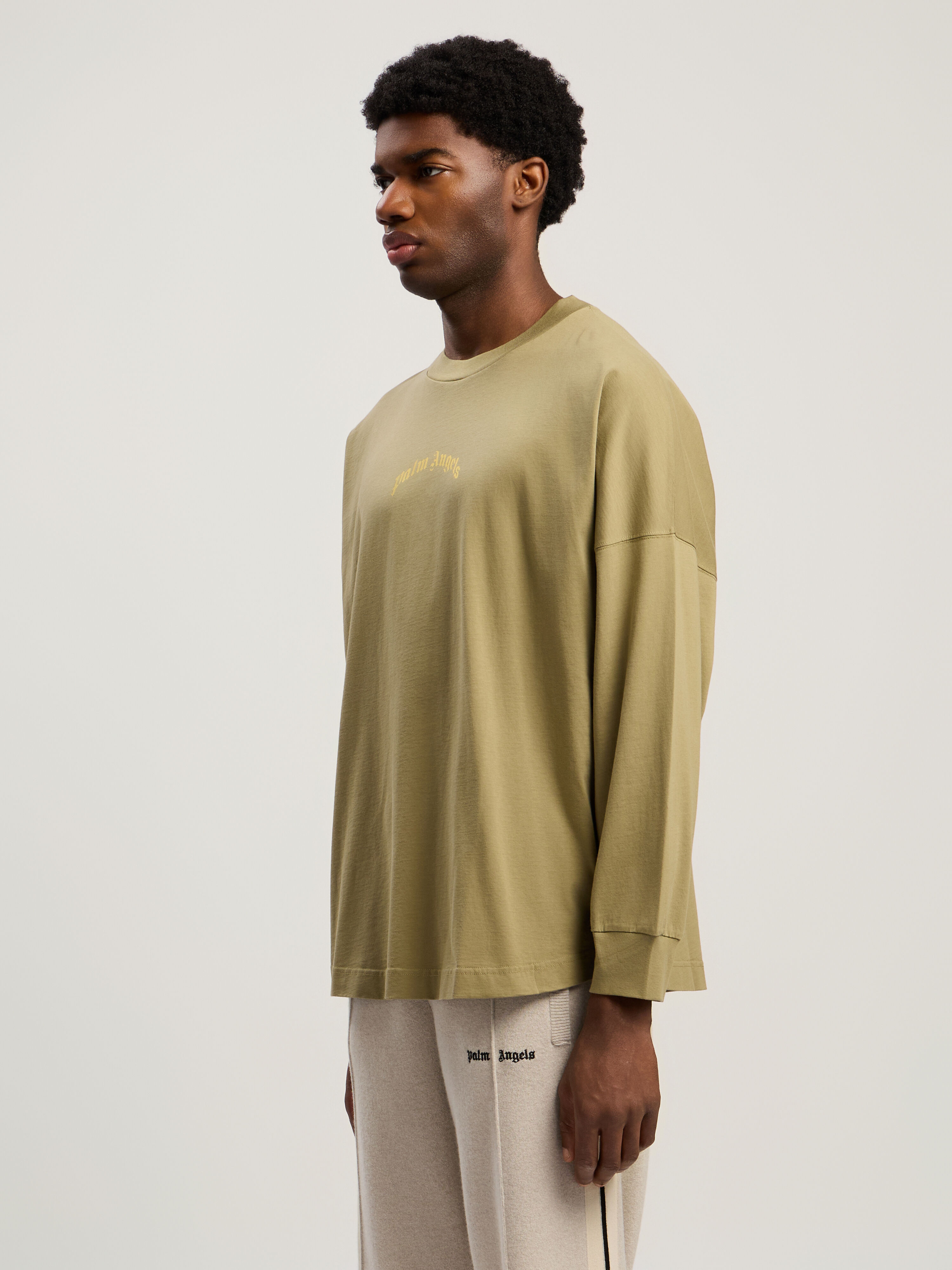 PALM ANGELS Curved Logo Long Sleeve T-Shirt ARMY GREEN - YELLOW PMAB059F25JER001