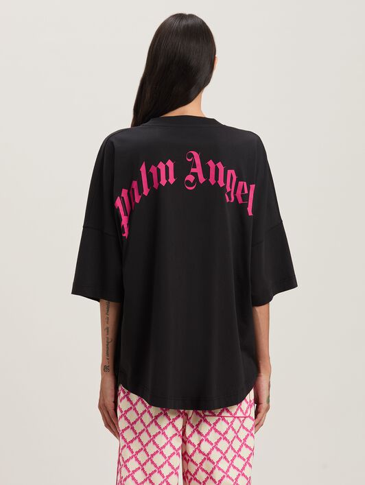 PALM ANGELS  Curved Logo oversize T-shirt BLACK - FUCHSIA PWAA023S25JER002