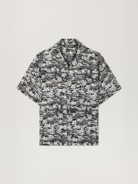 PALM ANGELS Palm Waves Linen Bowling Shirt BLACK - OFF WHITE PAMGG01F26FB02