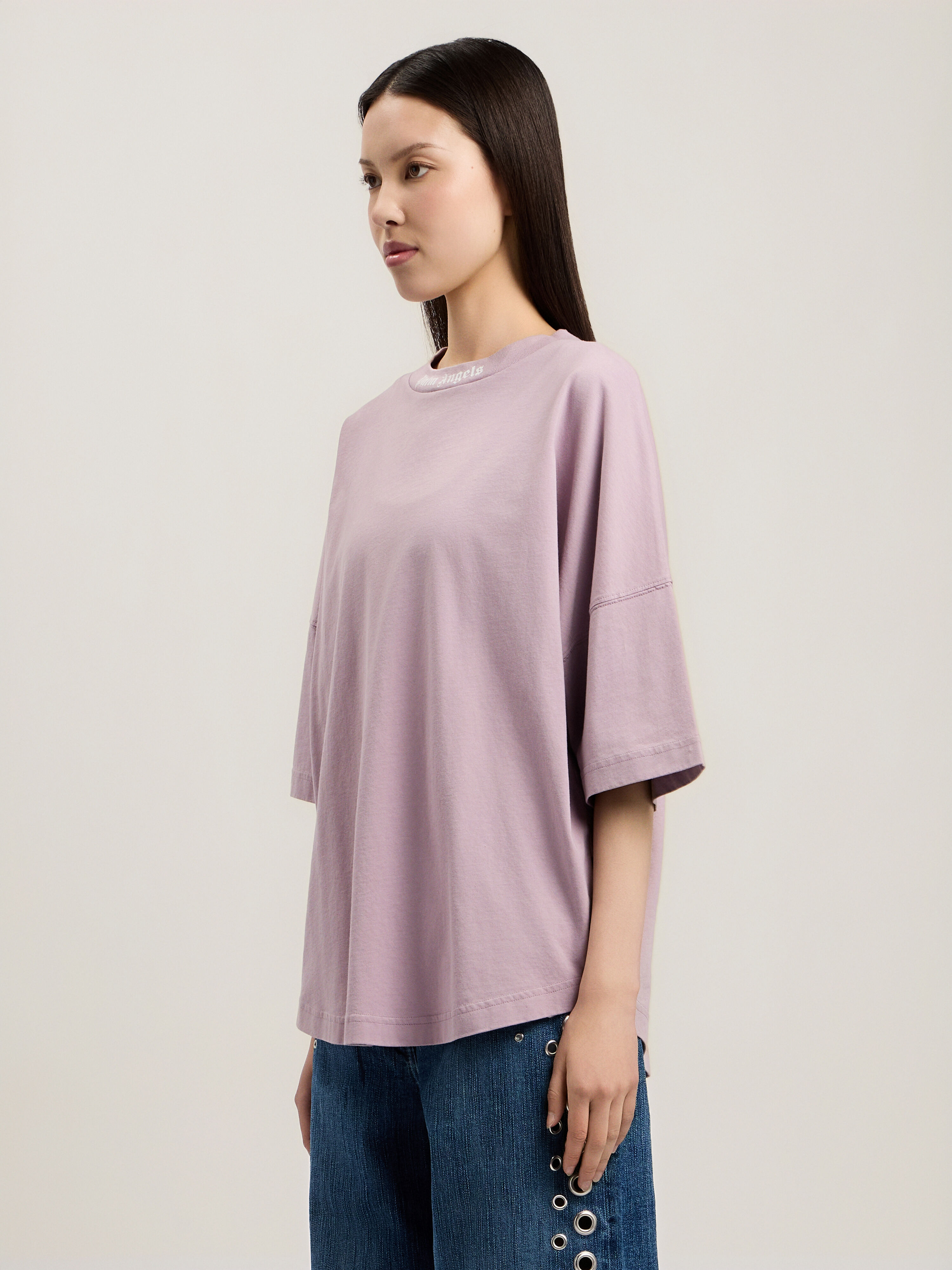 PALM ANGELS Dripping Curved Logo Over T-Shirt LILAC OFF WHITE PWAA07CS26JER001