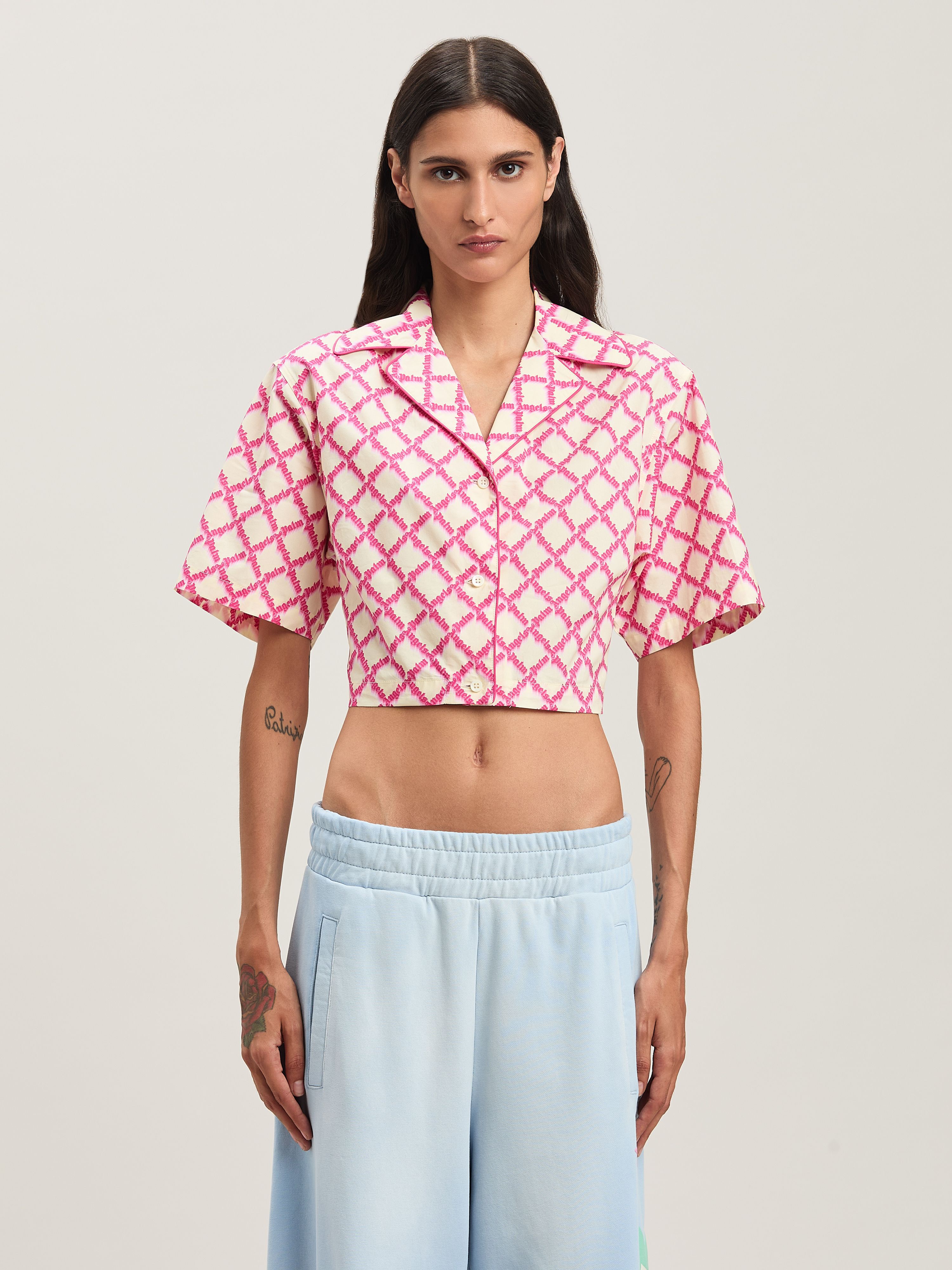 PALM ANGELS  Net Logo crisscrossed shirt IVORY - FUCHSIA PWGG007S25FAB001