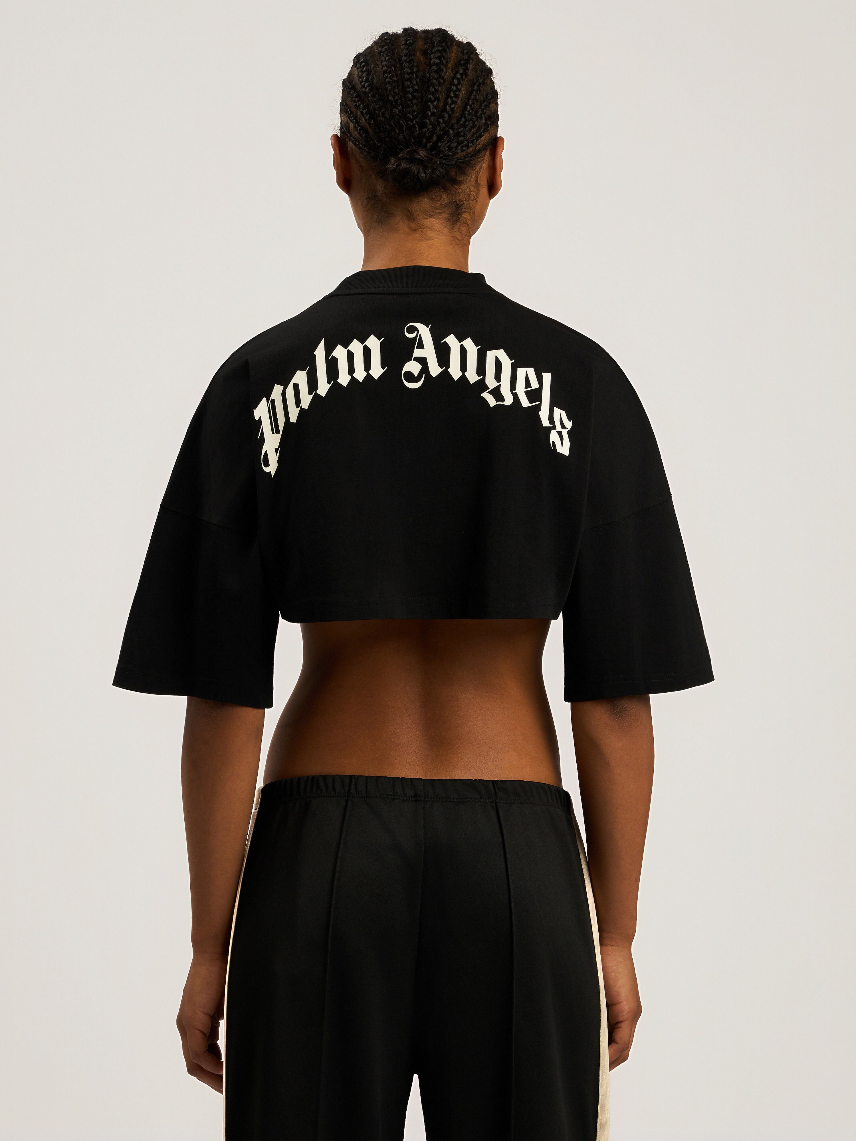 PALM ANGELS Back Curved Logo Cropped T-Shirt BLACK - CREAM PAWAA01F26JR01