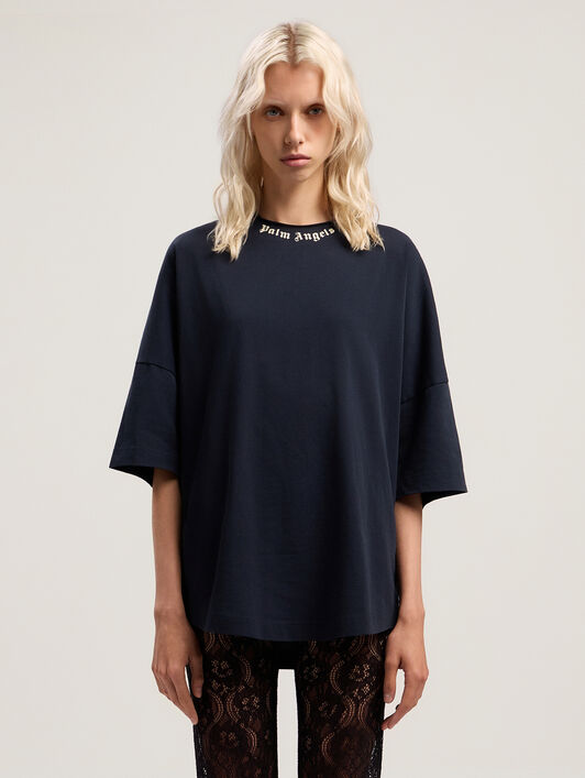 PALM ANGELS Curved Logo Collar Over Tee DARK BLUE - OFF WHITE PWAA07DF25JER001