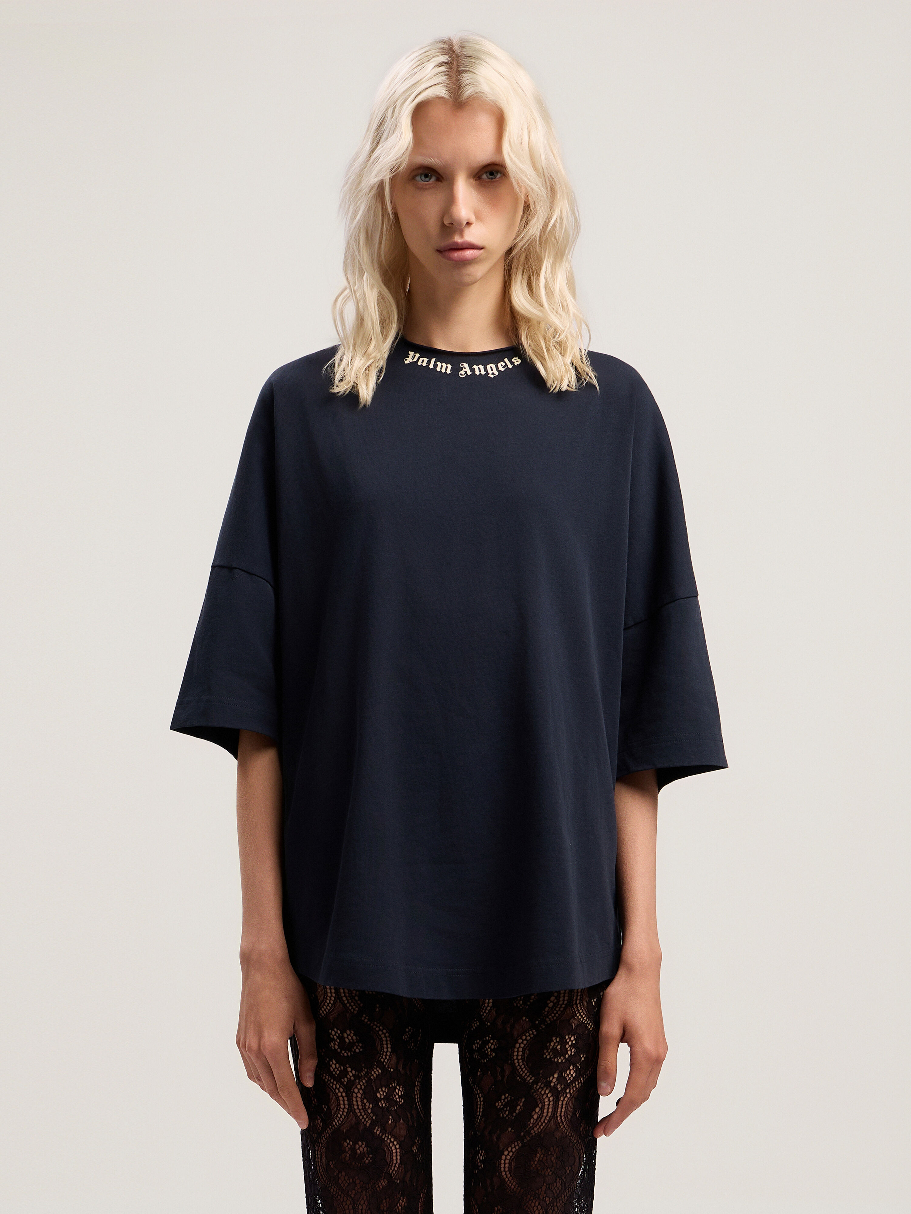 PALM ANGELS Curved Logo Collar Over Tee DARK BLUE - OFF WHITE PWAA07DF25JER001