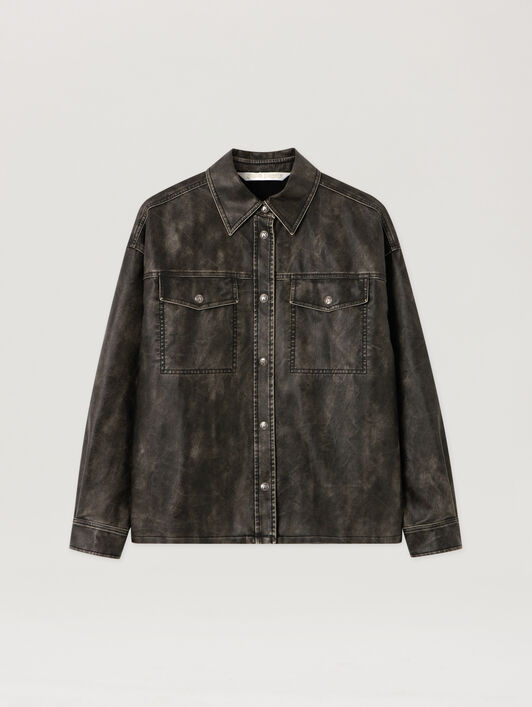 Curved Logo Coated Overshirt PALM ANGELS Curved Logo Coated Overshirt DARK GREY - BLACK PWJE009F25FAB001