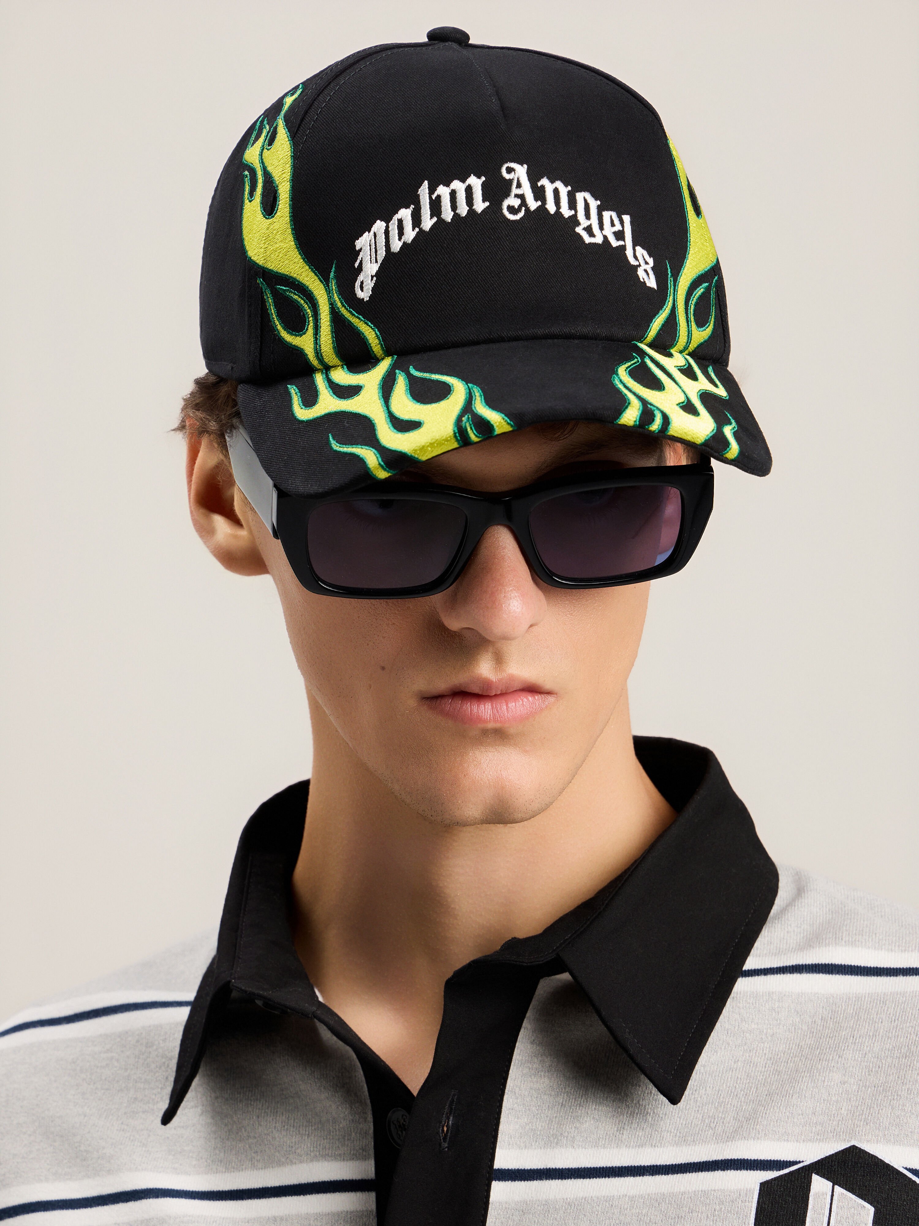Flames Curved Logo Cap in BLACK OFF WHITE for Men | Palm Angels®