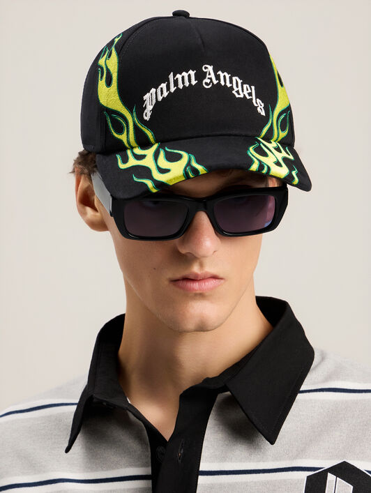 PALM ANGELS Flames Curved Logo Cap BLACK OFF WHITE PMLB104S26FAB00E