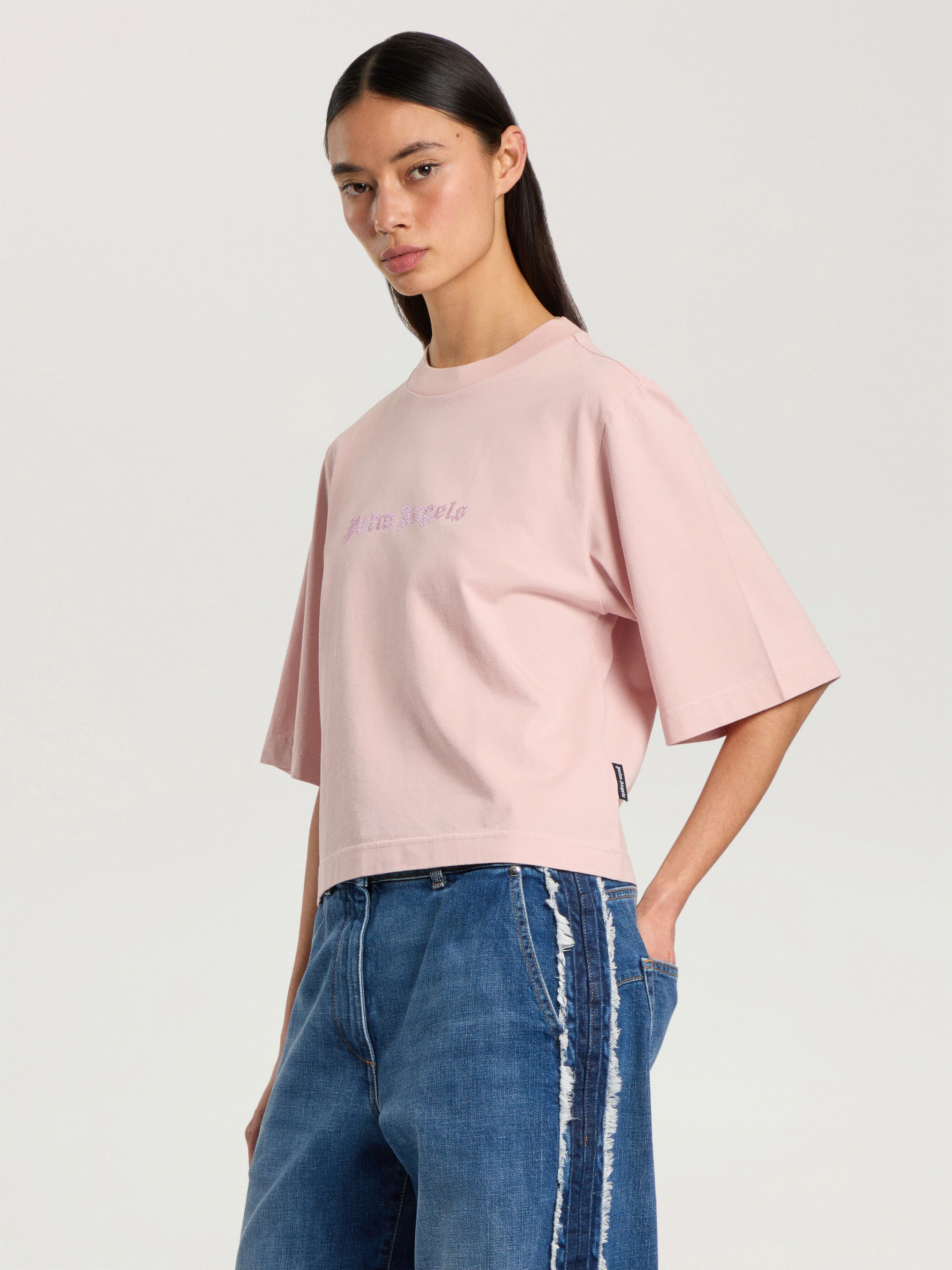 Rhinestone Logo Boxy T-Shirt PALM ANGELS Rhinestone Logo Boxy T-Shirt ROSE PINK - OFF WHITE PAWAA03F26JR02