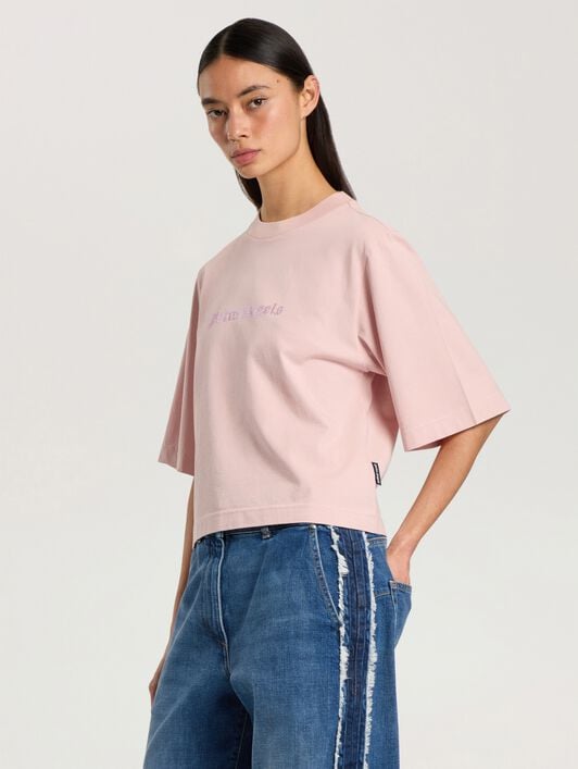 Rhinestone Logo Boxy T-Shirt PALM ANGELS Rhinestone Logo Boxy T-Shirt ROSE PINK - OFF WHITE PAWAA03F26JR02
