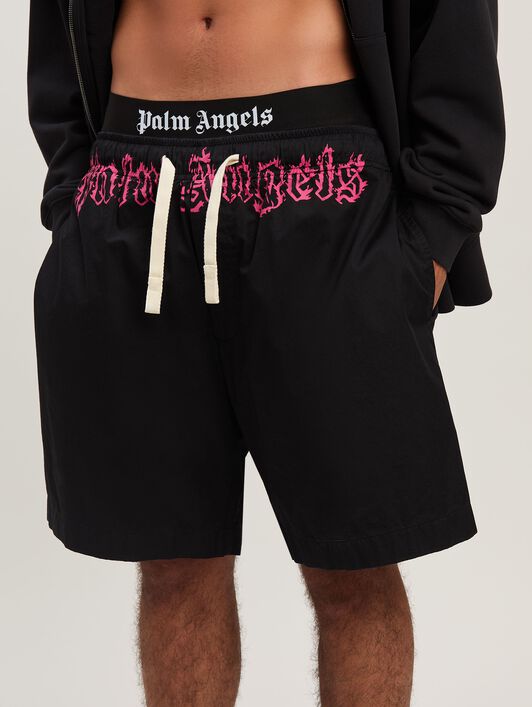 PALM ANGELS  Flame logo sweat shorts BLACK - FUCHSIA PMCB051S25FAB001