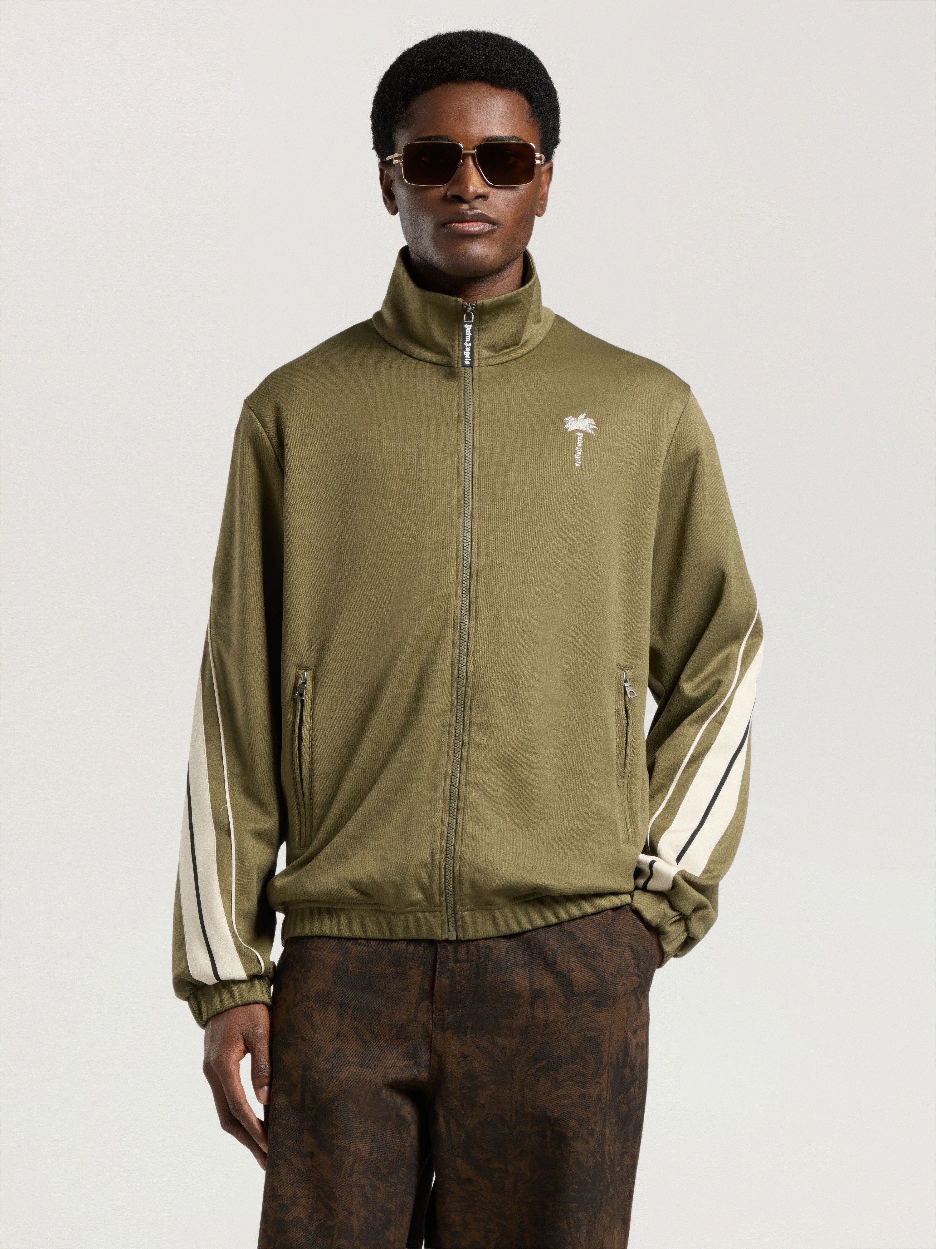 Palm Tree Striped Track Jacket PALM ANGELS Palm Tree Striped Track Jacket OLIVE GREEN - OFF WHITE PAMBD06W26FB01