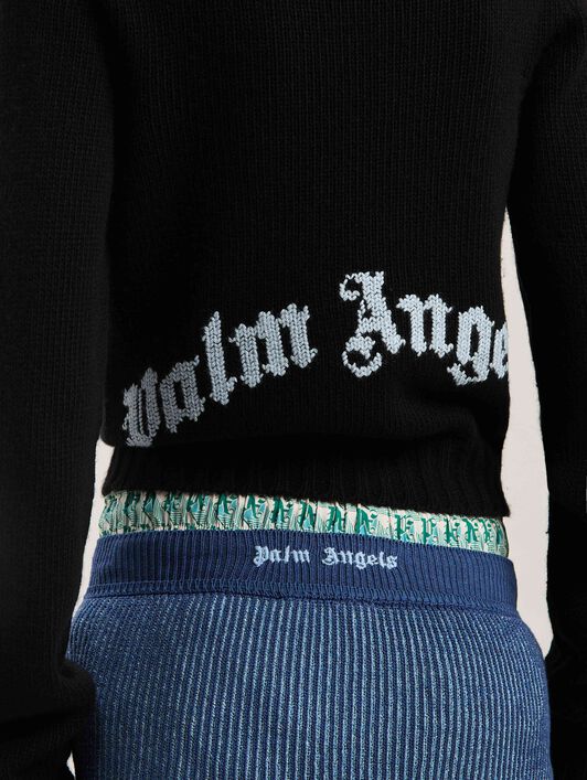 PALM ANGELS  Embroidere Curved Logo knit sweater BLACK - BABY BLUE PWHE051S25KNI001