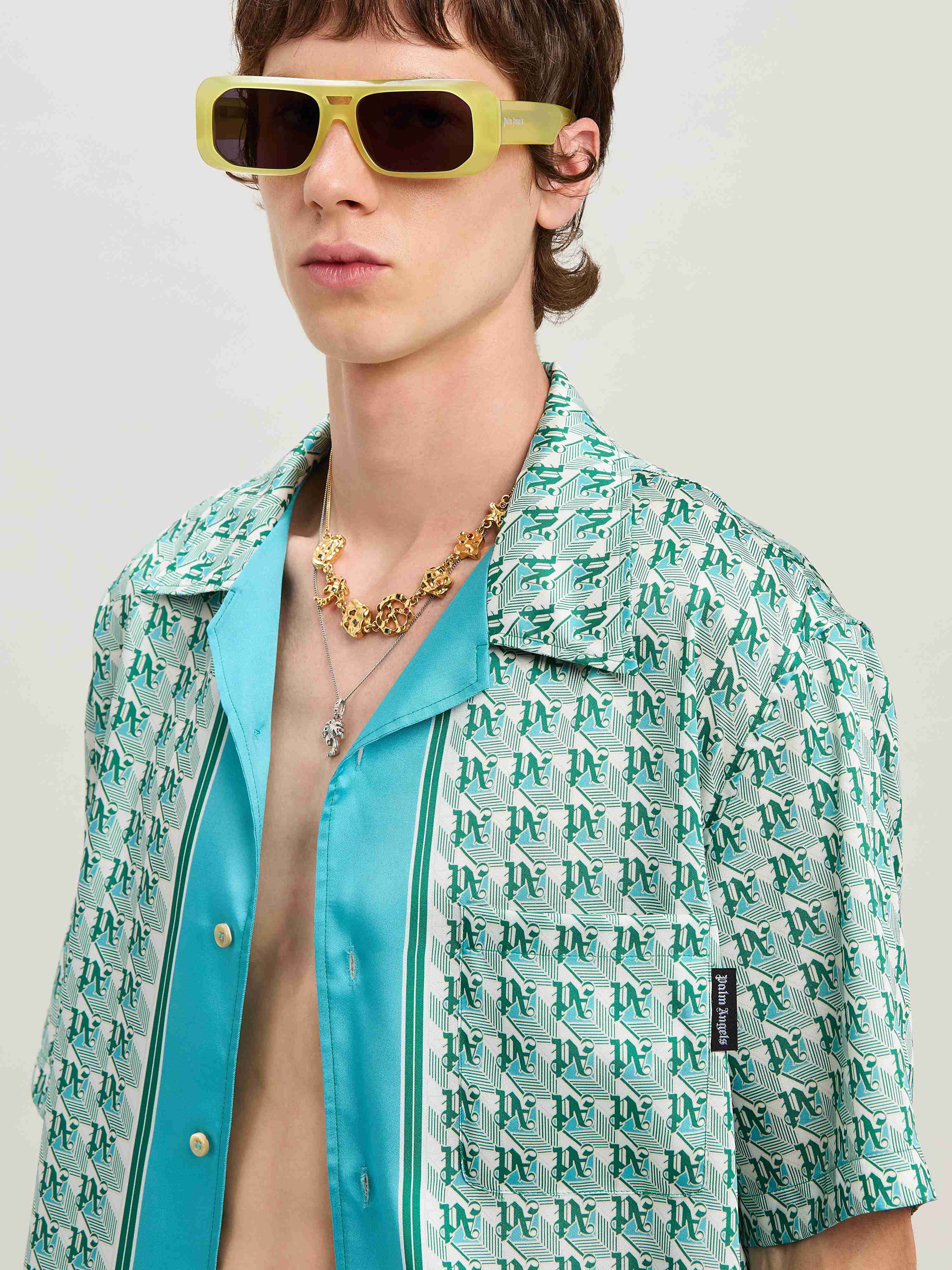 PALM ANGELS  PA Diamond short sleeves shirt GREEN - IVORY PMGG005S25FAB001