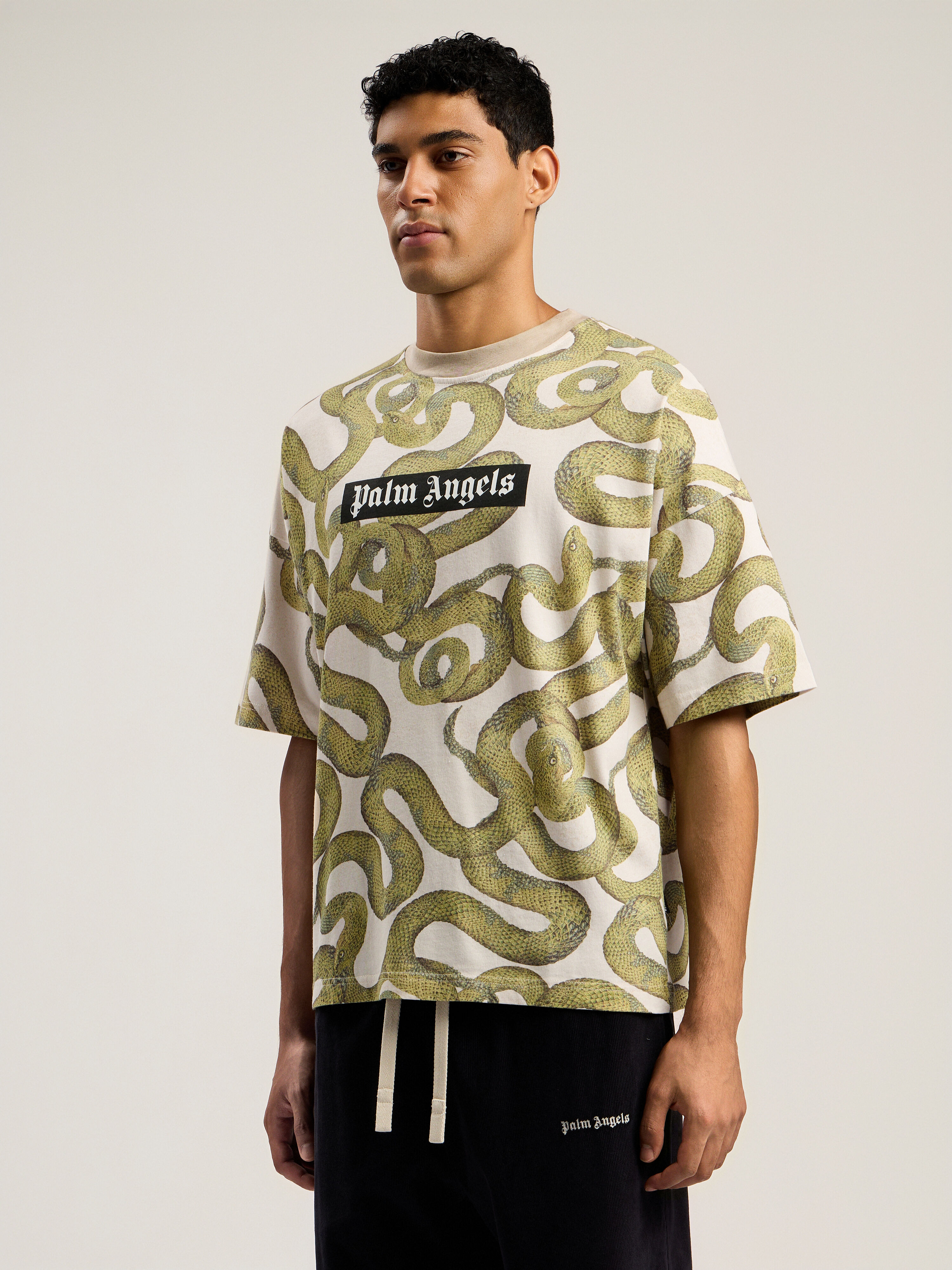 PALM ANGELS Snake Allover Loose T-Shirt IVORY - GREEN PMAA10DF25JER004