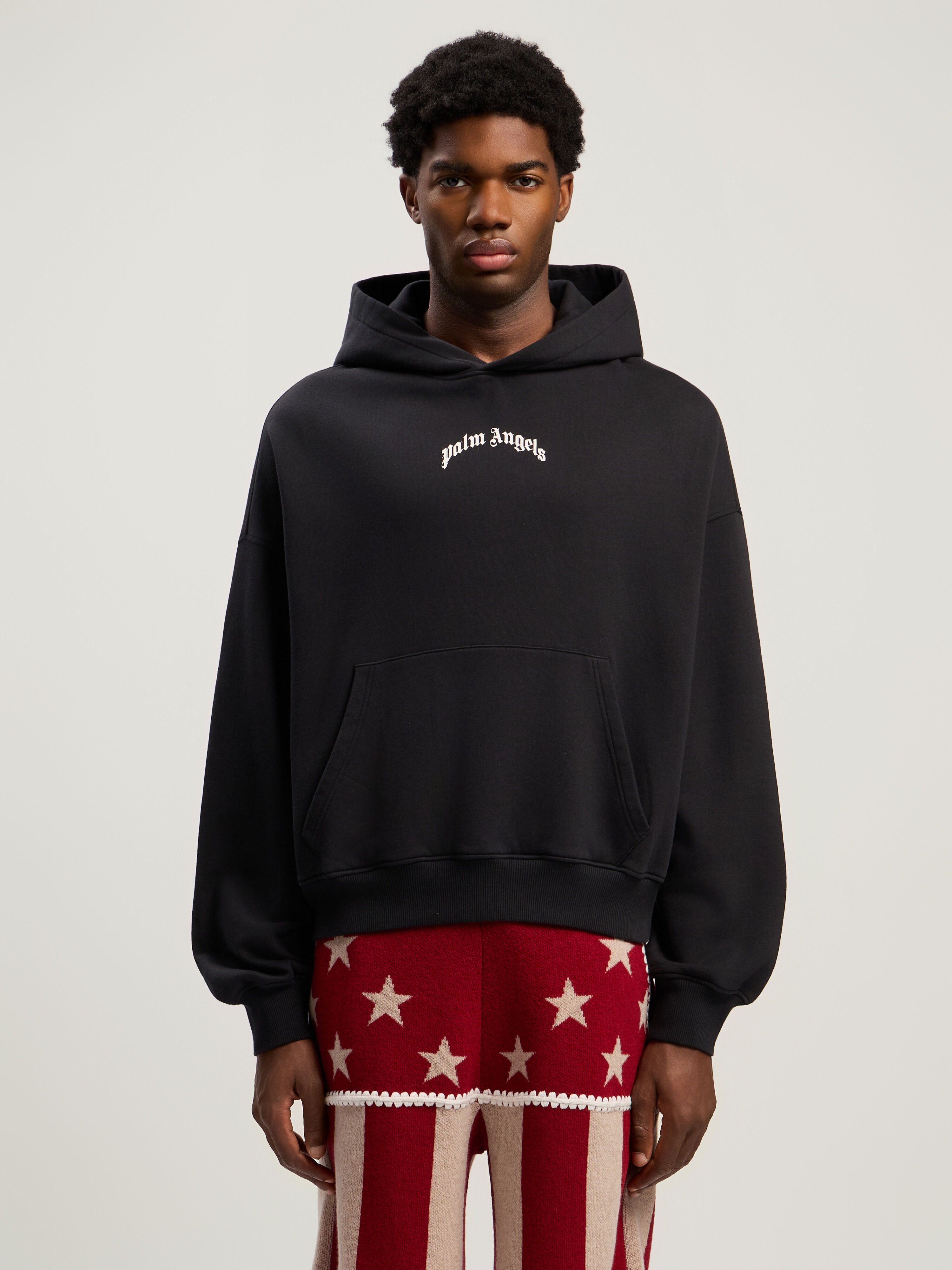 PALM ANGELS Curved Logo Loose Hoodie BLACK - OFF WHITE PMBB17EF25FLE004