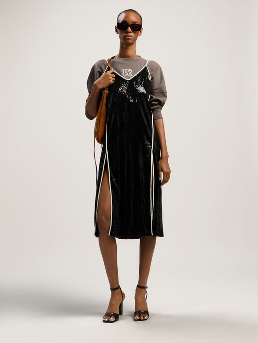Curved Logo Sequin Slip Dress PALM ANGELS Curved Logo Sequin Slip Dress BLACK - OFF WHITE PWDJ009F25FAB001
