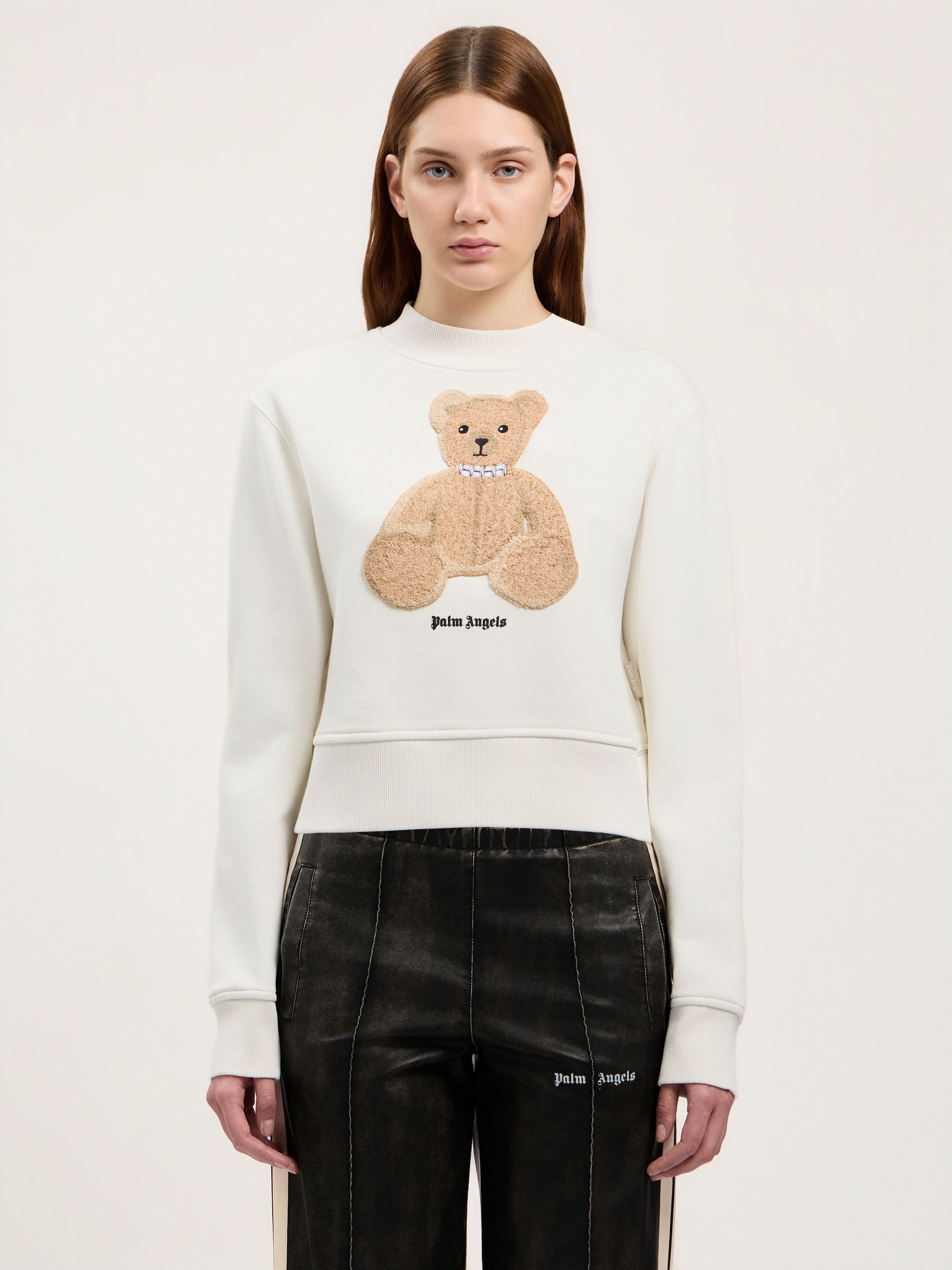 PALM ANGELS Bear Fitted Sweatshirt OFF WHITE BROWN PWBA016S26FLE006