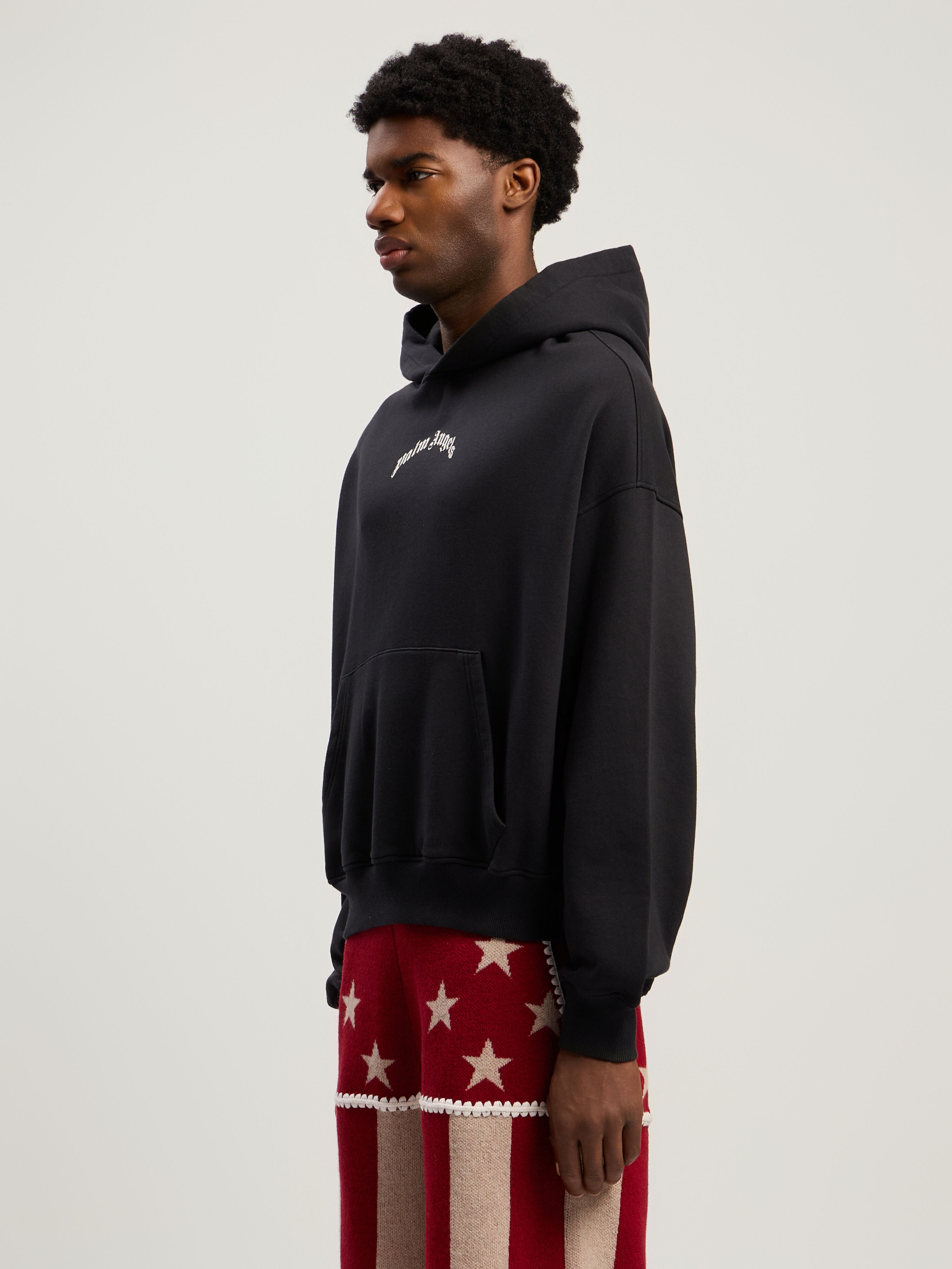 PALM ANGELS Curved Logo Loose Hoodie BLACK - OFF WHITE PMBB17EF25FLE004