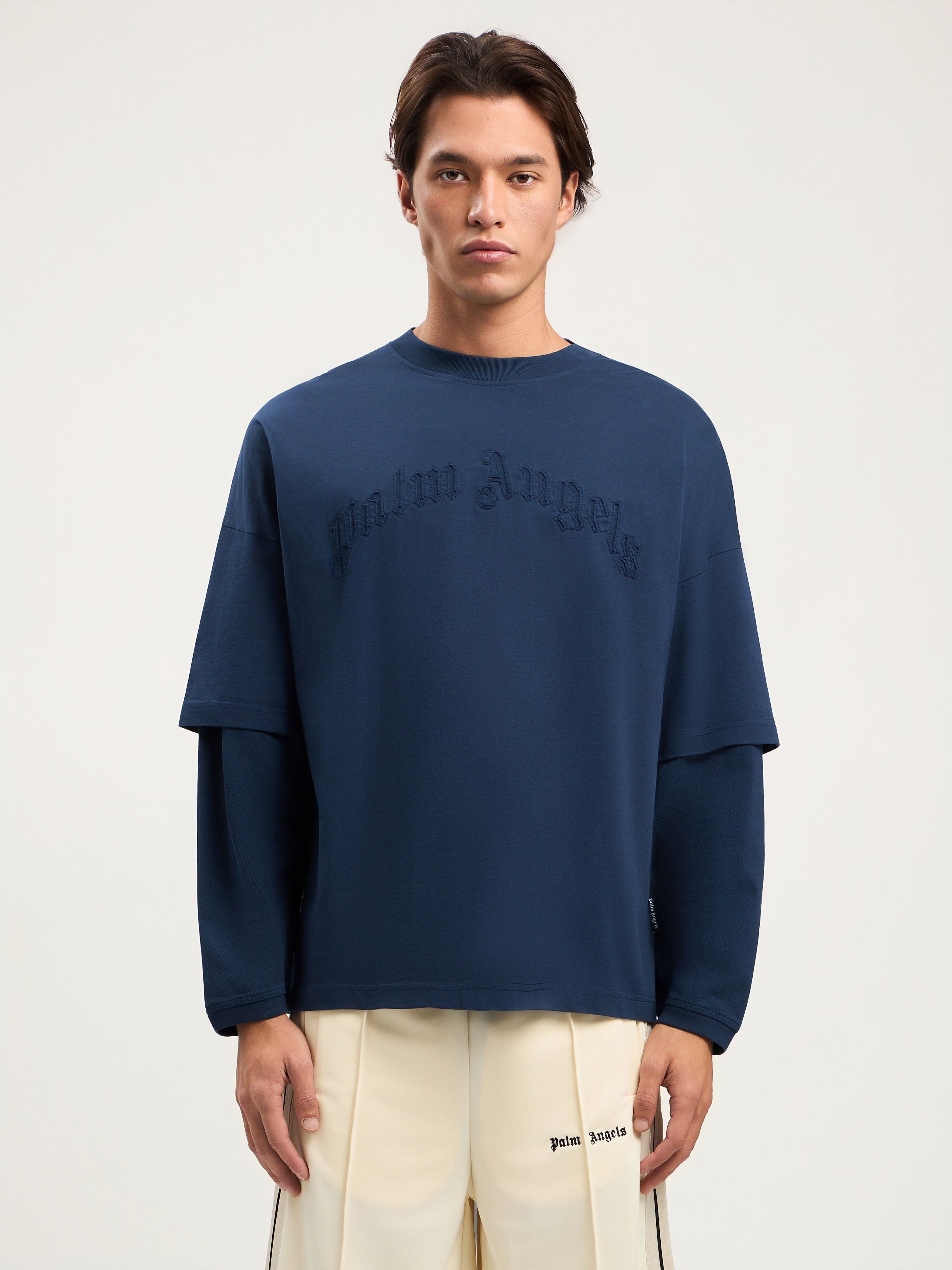 PALM ANGELS Curved Logo Double Long-Sleeved T-shirt NAVY BLUE NAVY BLUE PMAB05KS26JER001