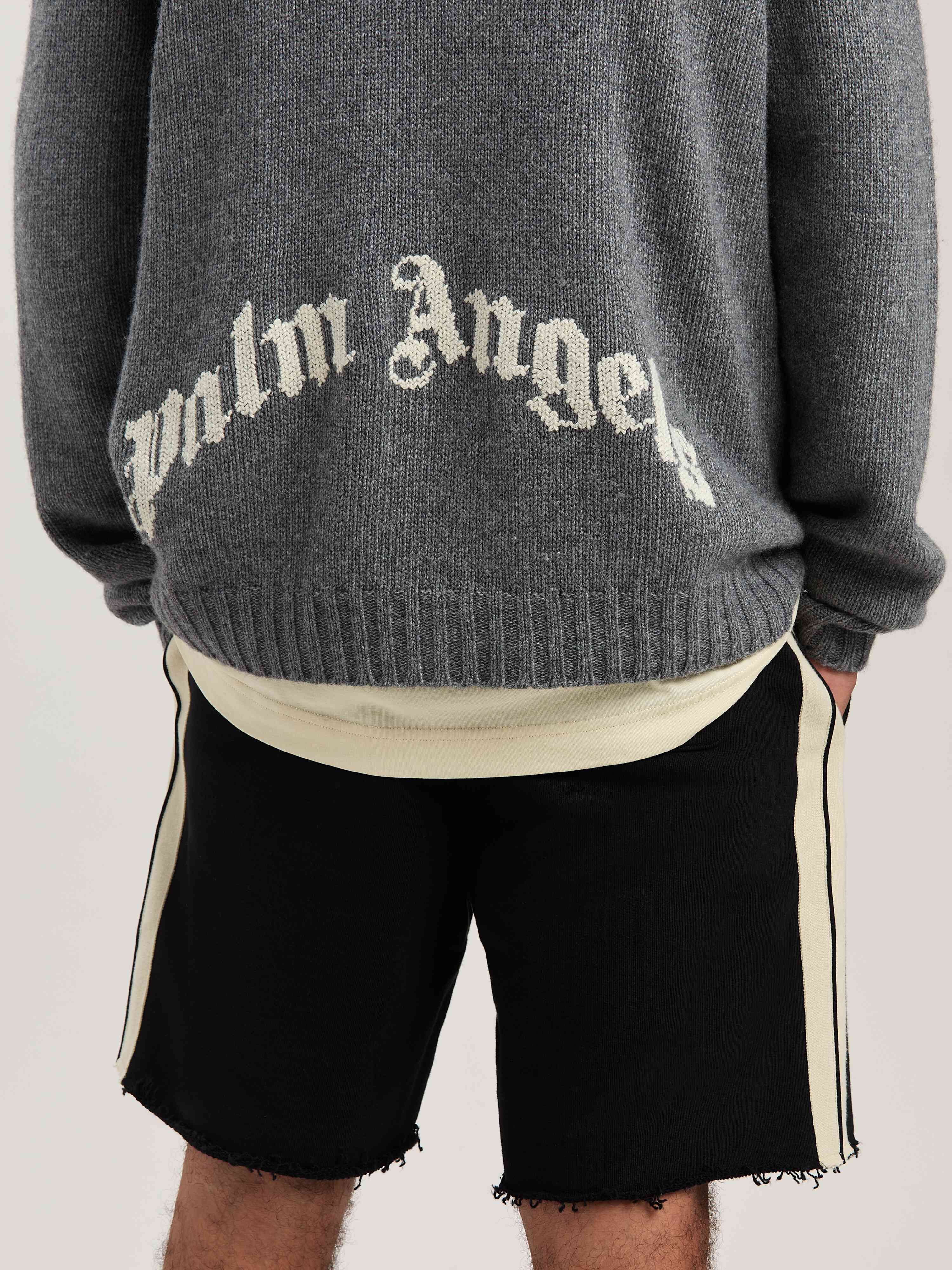 PALM ANGELS  Curved Logo knit hoodie GREY MELANGE - OFF WHITE PMHU023S25KNI001