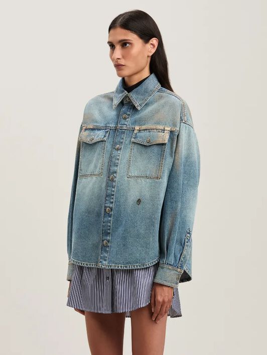 PALM ANGELS  Metal brushed denim shirt MEDIUM BLUE - SILVER PWYD023S25DEN002