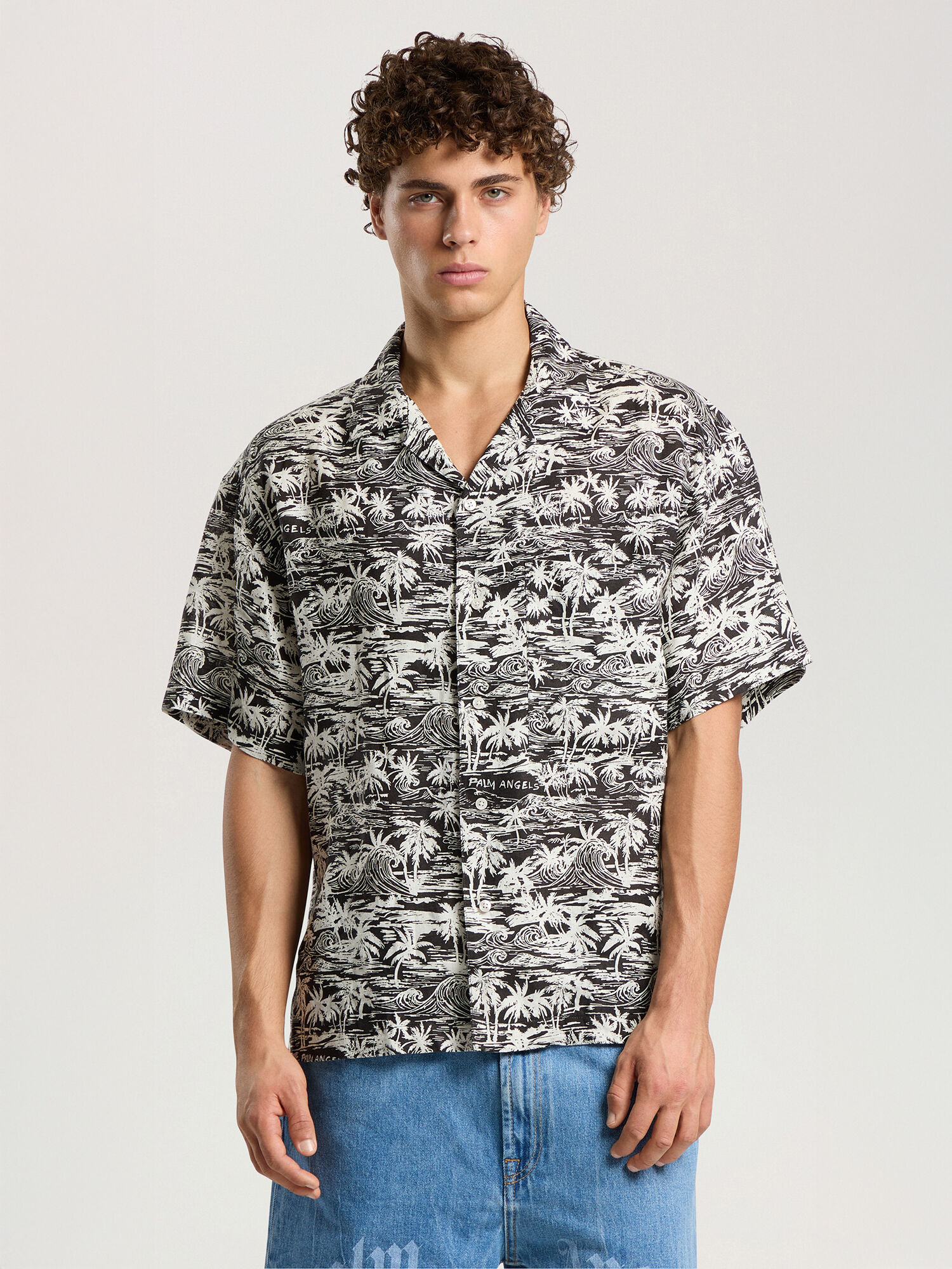 Palm Waves Linen Bowling Shirt PALM ANGELS Palm Waves Linen Bowling Shirt BLACK - OFF WHITE PAMGG01F26FB02