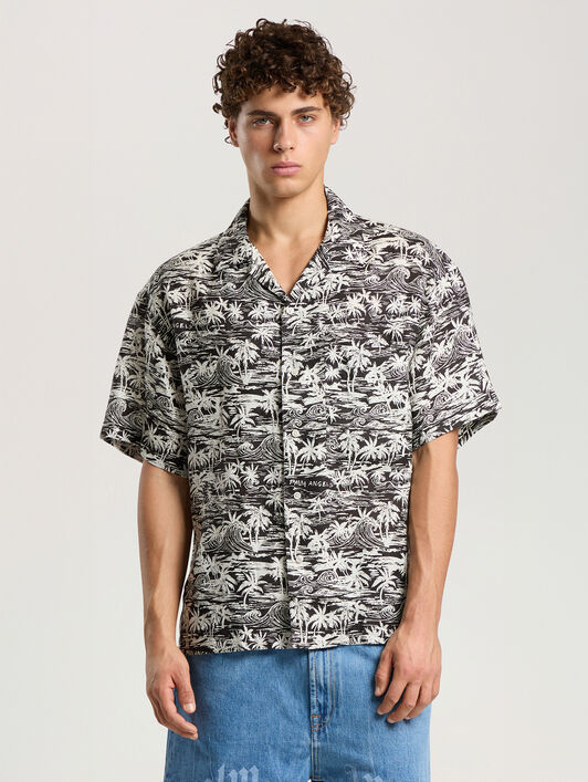 Palm Waves Linen Bowling Shirt PALM ANGELS Palm Waves Linen Bowling Shirt BLACK - OFF WHITE PAMGG01F26FB02