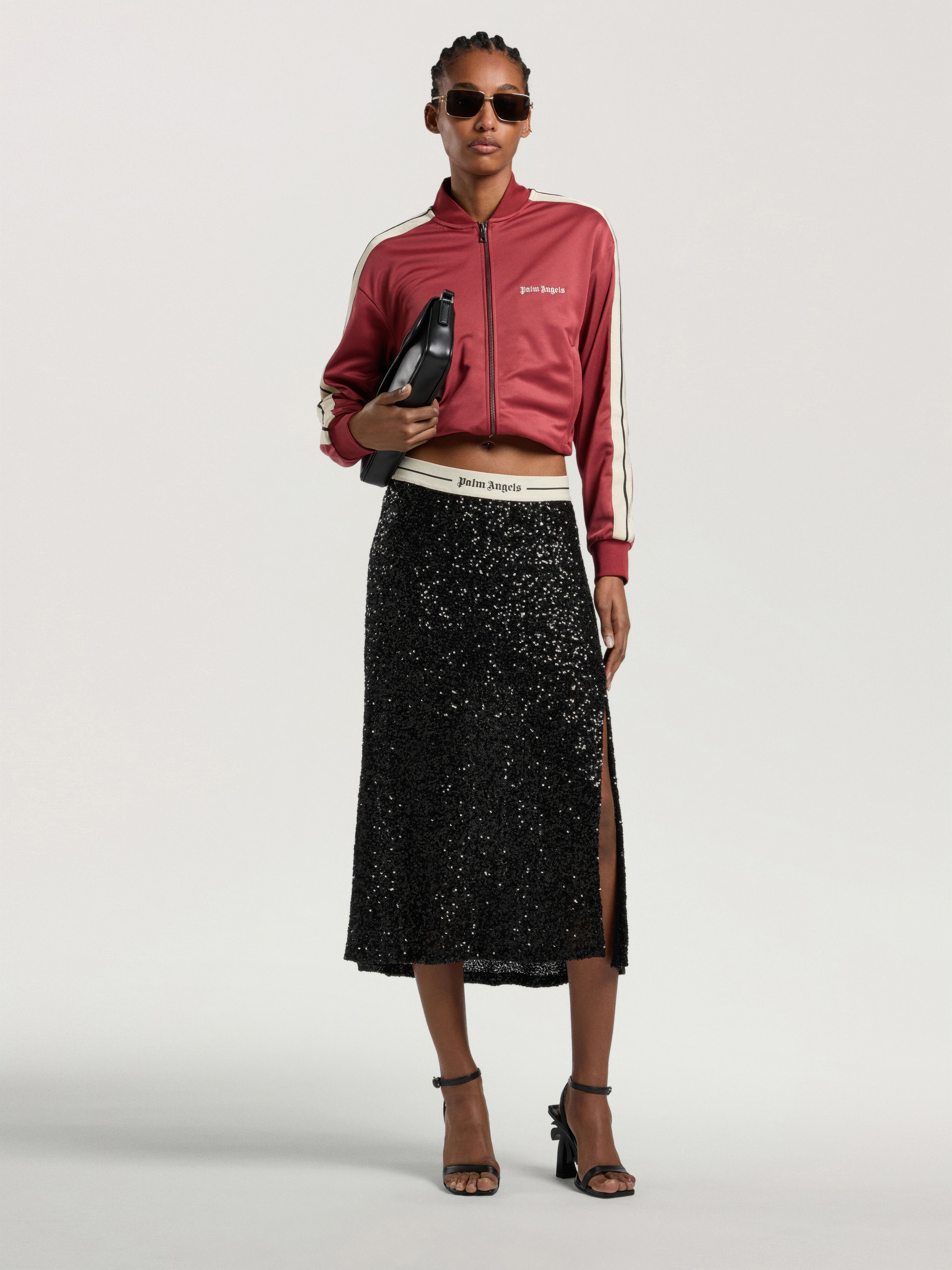 Logo Essential Sequins Midi Skirt PALM ANGELS Logo Essential Sequins Midi Skirt BLACK - CREAM PAWCW02W26FB01