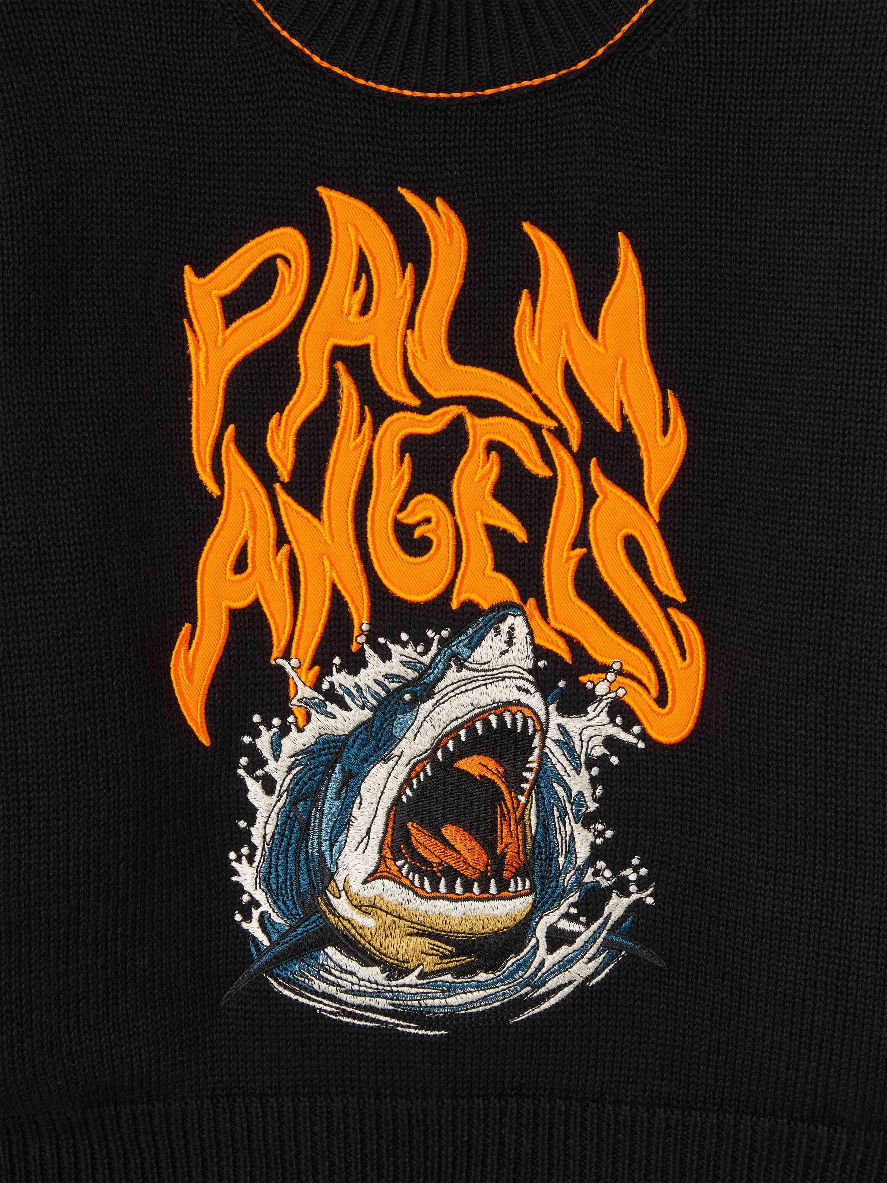PALM ANGELS  Shark embroidered knit sweater BLACK ORANGE PBHE002S25KNI001