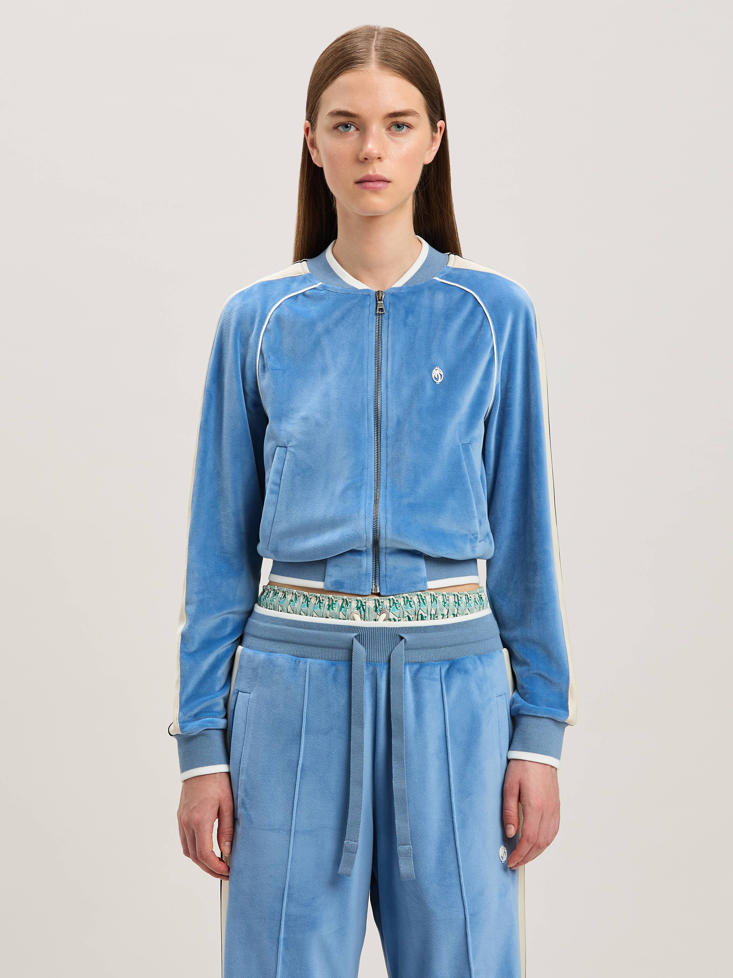 PALM ANGELS  Chenille Oval Palm Track Jacquet LIGHT BLUE - OFF WHITE PWBD063S25FAB001