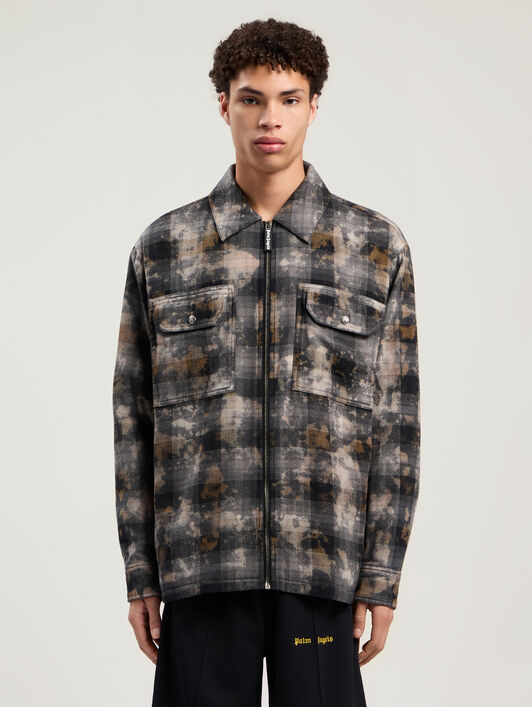 PALM ANGELS Curved Logo Check Overshirt GREY - OFF WHITE PMES049F25FAB001
