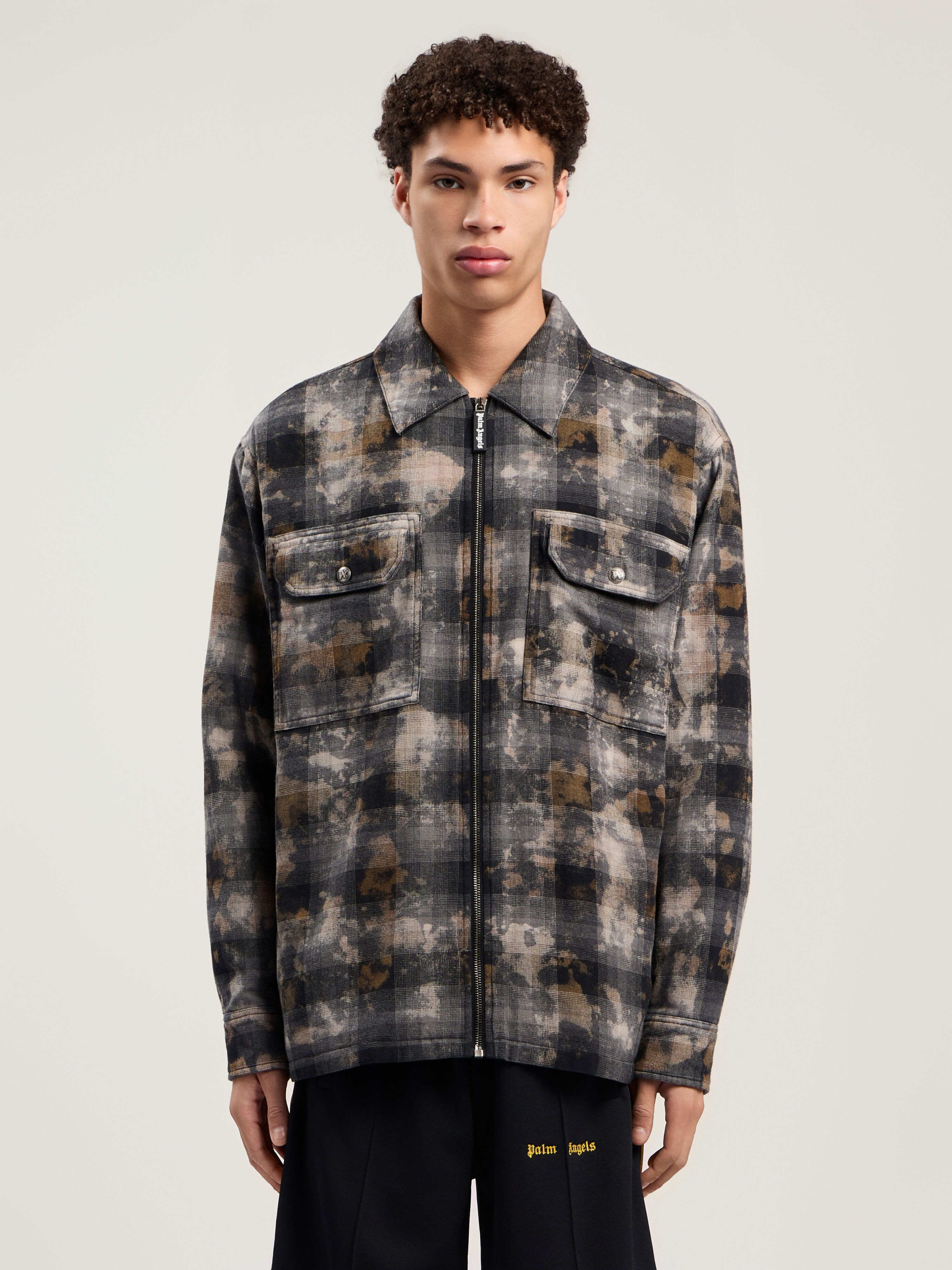 PALM ANGELS Curved Logo Check Overshirt GREY - OFF WHITE PMES049F25FAB001
