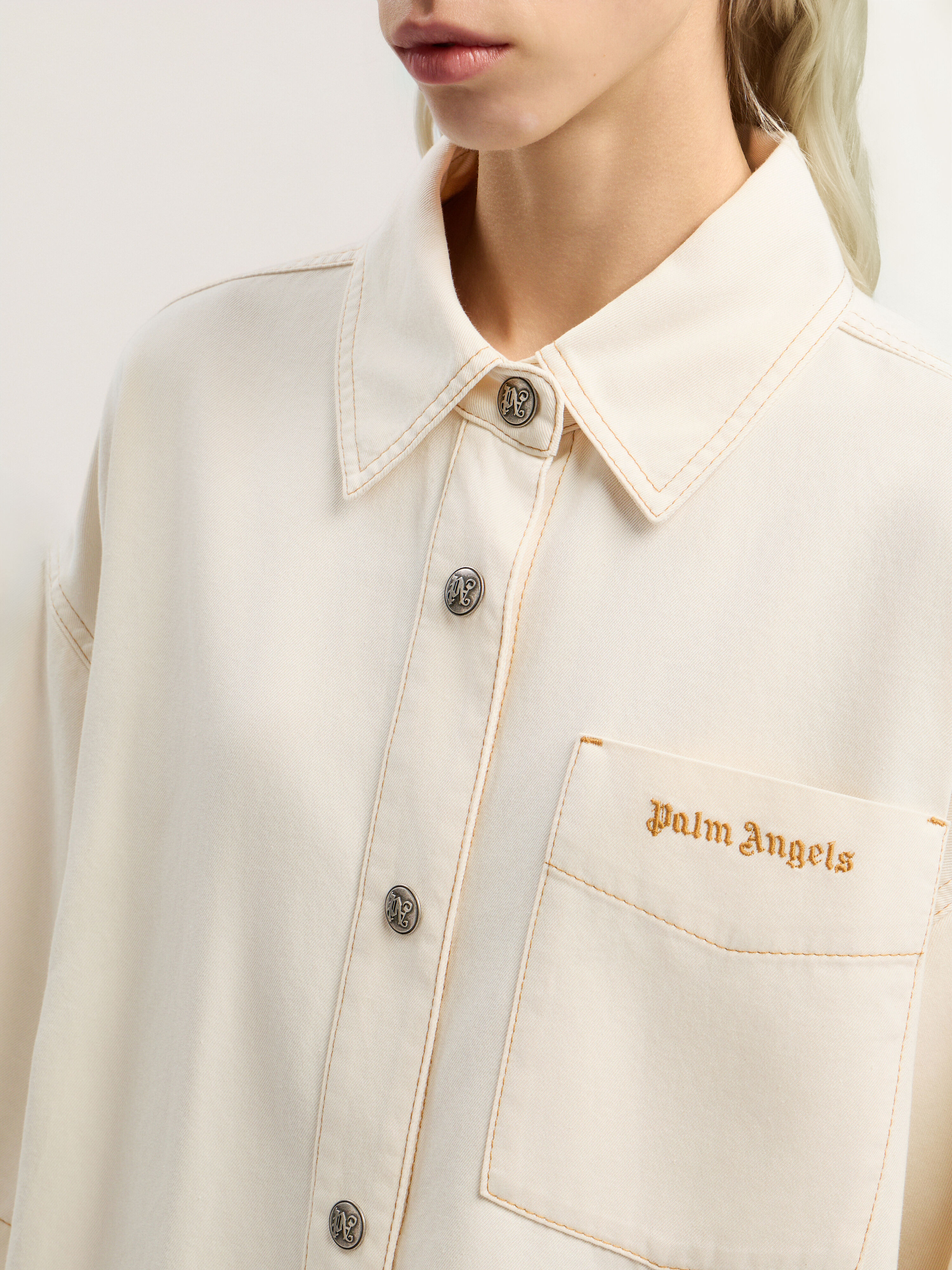 PALM ANGELS Hybrid Denim Overshirt OFF WHITE - BLACK PWYD025F25DEN001