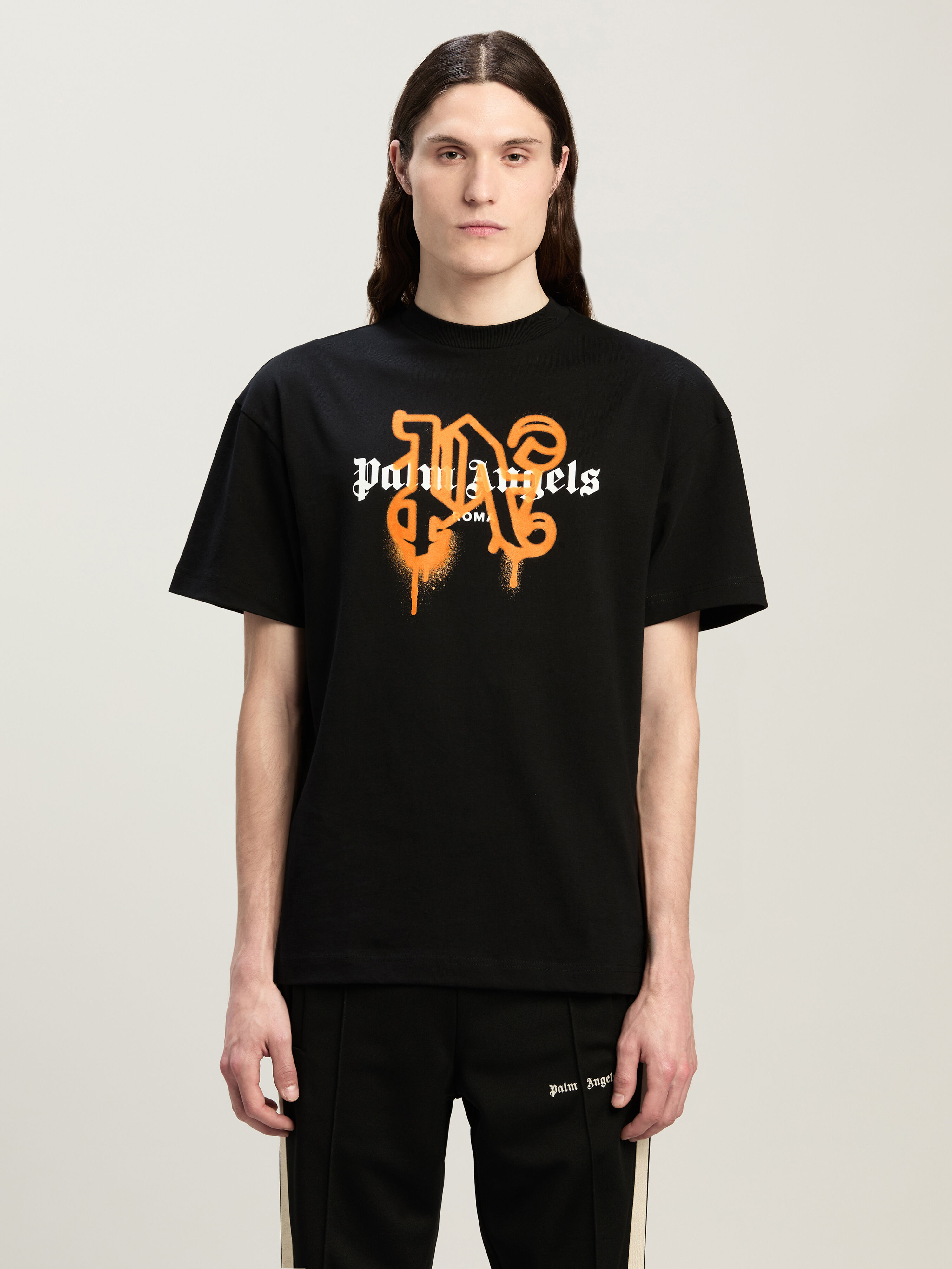 PALM ANGELS Roma Monogram Spray Tee BLACK ORANGE PMAA001C99JER029