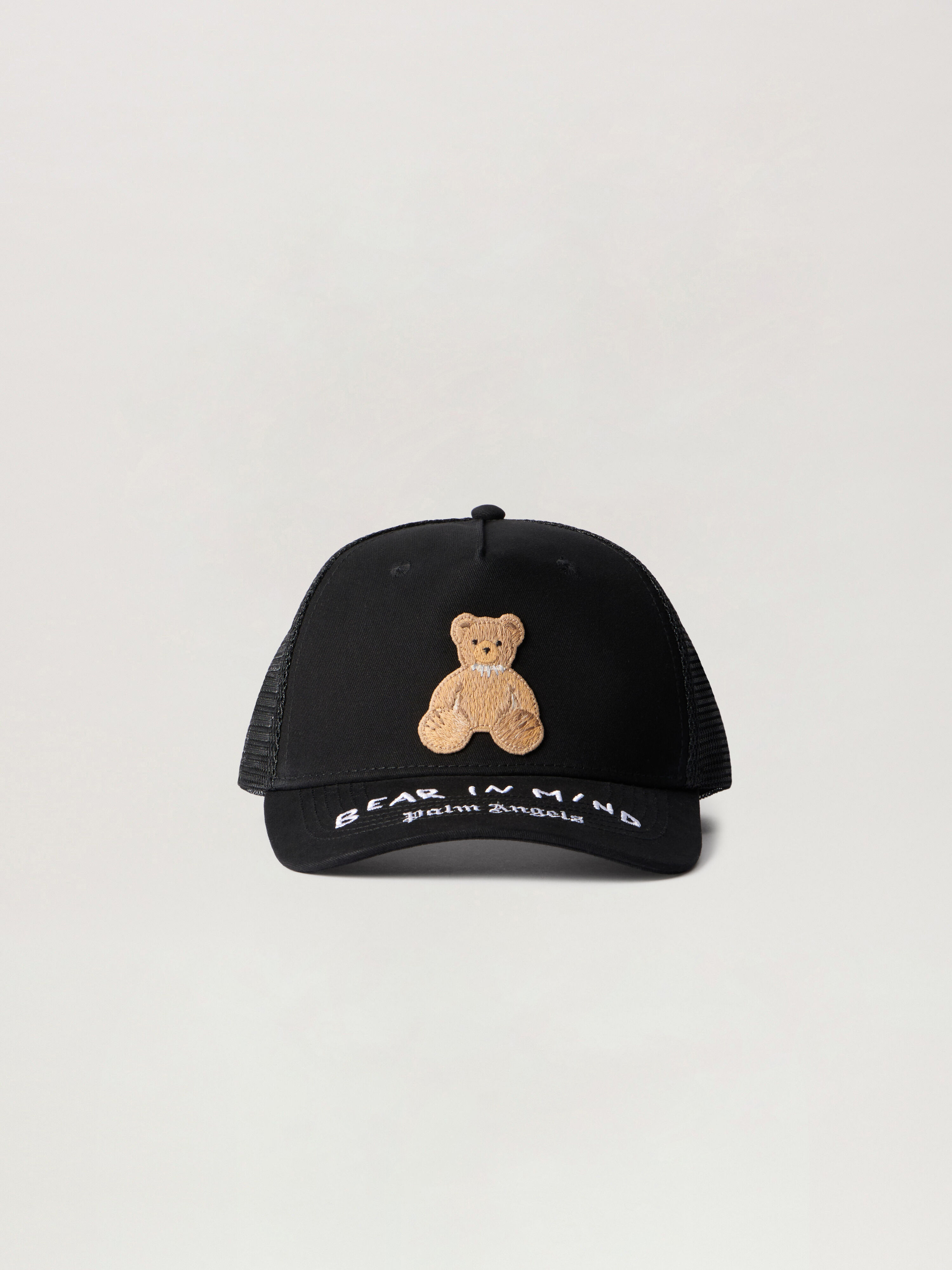 PALM ANGELS Bear In Mind Trucker Cap BLACK - BROWN PMLB068F25FAB001