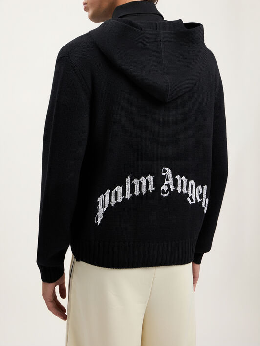 PALM ANGELS Curved Logo Knit Hoodie BLACK OFF WHITE PMHU02CS26KNI001
